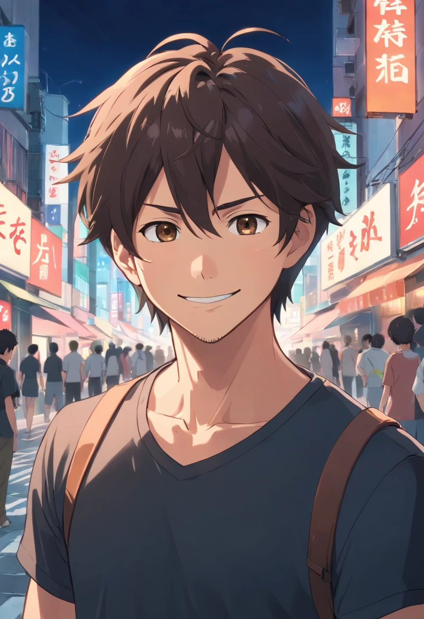 (Front view:1.4),Groomed beard,40-year-old dandy man,Composition of the upper body,Makoto Shinkai's painting style,japanes,(a smile:1.3),Ridicule,A tall man,a beard, Delicate facial features like an actor,Short-haired true black hair, (Black Y-shirt:1.4), Intense muscles, eyes are brown, The city of Shinjuku
