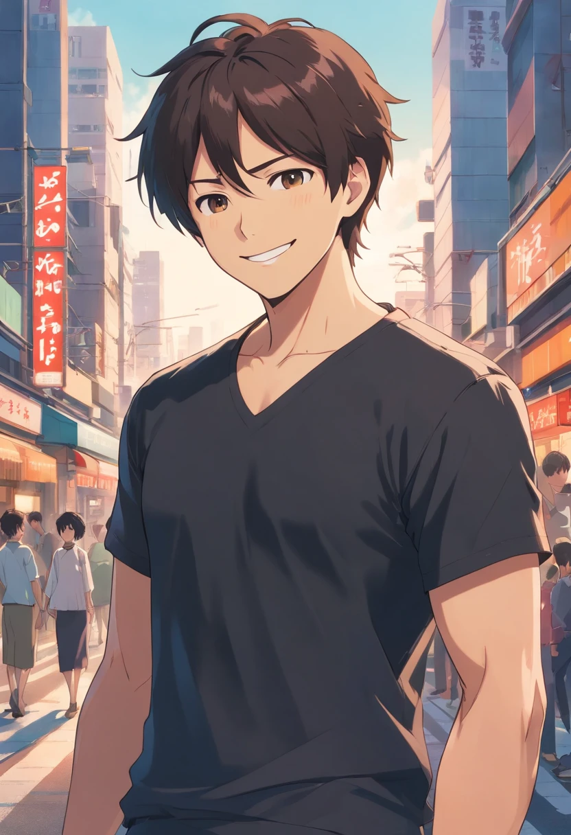 (Front view:1.4),Groomed beard,40-year-old dandy man,Composition of the upper body,Makoto Shinkai's painting style,japanes,(a smile:1.3),Ridicule,A tall man,a beard, Delicate facial features like an actor,Short-haired true black hair, (Black Y-shirt:1.4), Intense muscles, eyes are brown, The city of Shinjuku