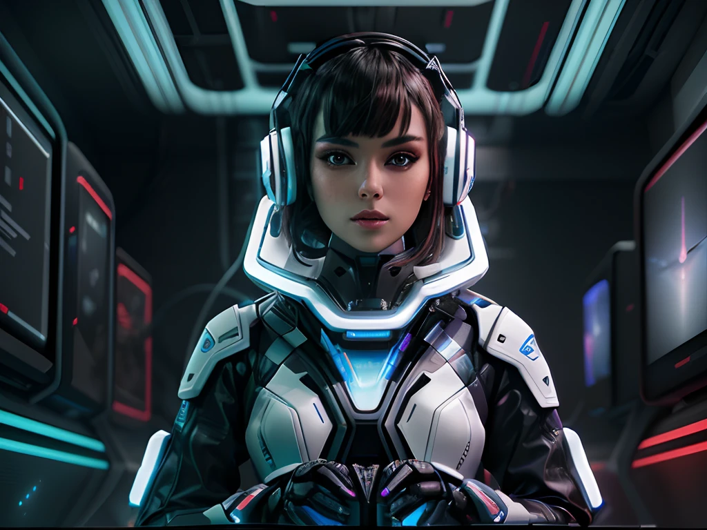 An image of a futuristic attractive gamer girl immersed in a gaming experience. The artwork portrays a sense of technological advancement, with sleek and futuristic gaming equipment. References include virtual reality headsets, holographic displays, advanced gaming consoles, and a visually captivating composition.