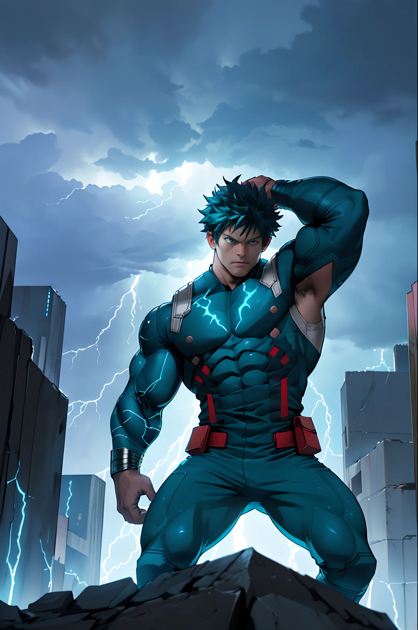 Midoriya Izuku,Thor God of Thunder costume,ambient lighting,lightning around arms,(realistic:1.37),ultra-detailed,vivid colors,long hair,serious expression,action pose,cityscape background,stormy atmosphere,metallic texture,leather details,dynamic composition,comic book-like style,electric blue color palette,storm clouds,crackling electricity,thunderous atmosphere,heroic stance,rippling muscles,energy radiating from hands,shimmering effect,stormy sky,godlike power,enthralling presence,meticulous attention to detail,intense focus,epic superhero,legendary strength,overwhelming energy,awe-inspiring visuals,thunderstorm setting,heroic aura,immense power,unleashing his full potential,ultimate power unleashed.