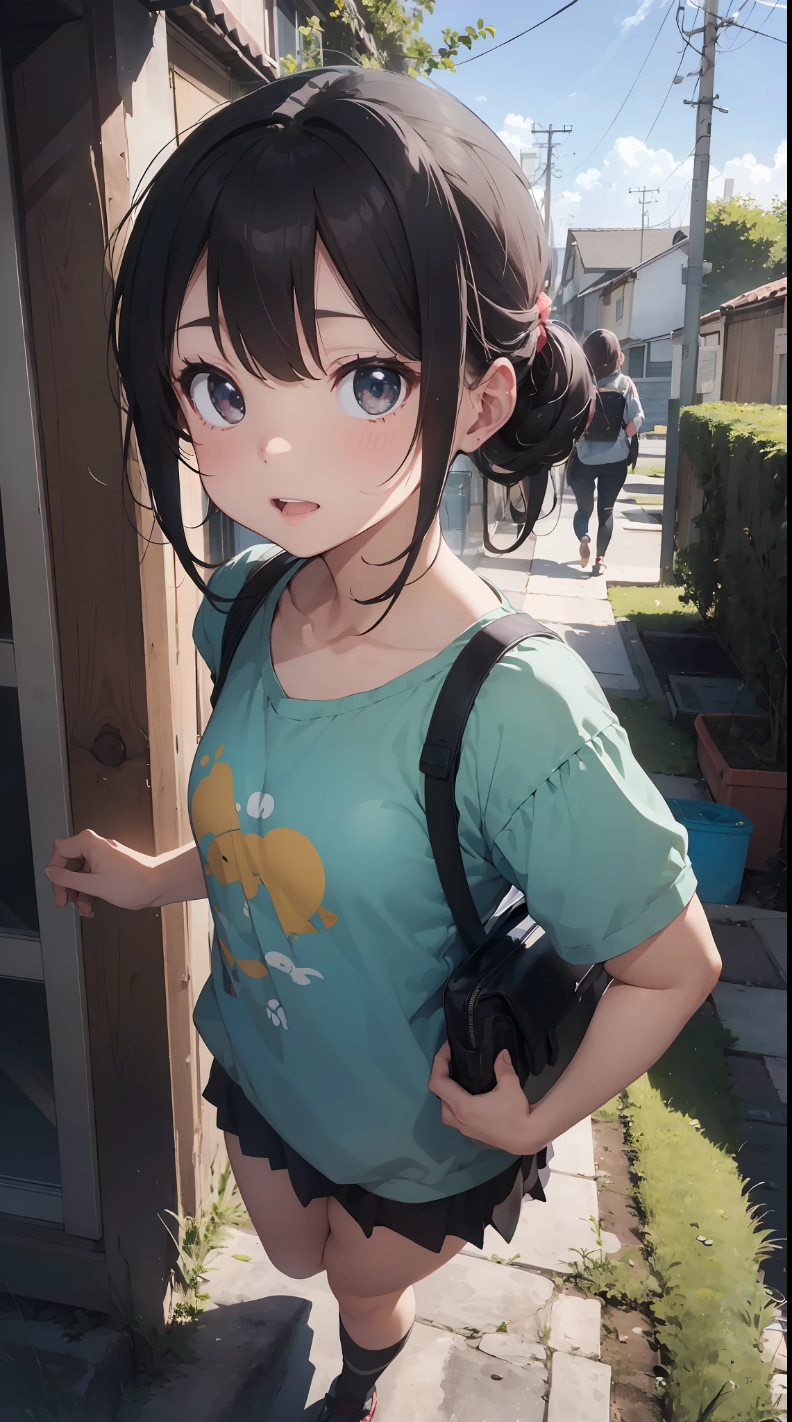 girl walking in ueno、bloomers、White tee shirt、Low twintail, (Forehead), Braid、short hair、