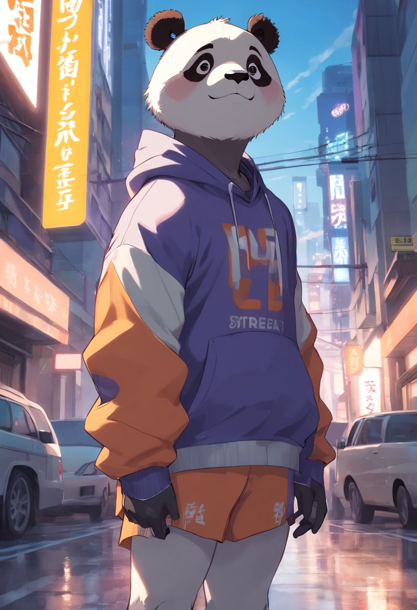 ((foto crua)), ((obra-prima)), Anthropomorphic humanoid panda wearing (((roupas de streetwear))), caminhando furiosamente entre as pessoas, detalhe intrincado, intricate Greebles pieces, city behind, corpo musculoso, (((large muscles))), muscular arms, (small head), Ogro monstruoso, Titan soft lighting, Hiper realista, soft-lighting, Ambiente sinistro