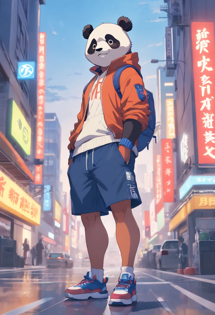 ((foto crua)), ((obra-prima)), Anthropomorphic humanoid panda wearing (((roupas de streetwear))), caminhando furiosamente entre as pessoas, detalhe intrincado, intricate Greebles pieces, city behind, corpo musculoso, (((large muscles))), muscular arms, (small head), Ogro monstruoso, Titan soft lighting, Hiper realista, soft-lighting, Ambiente sinistro