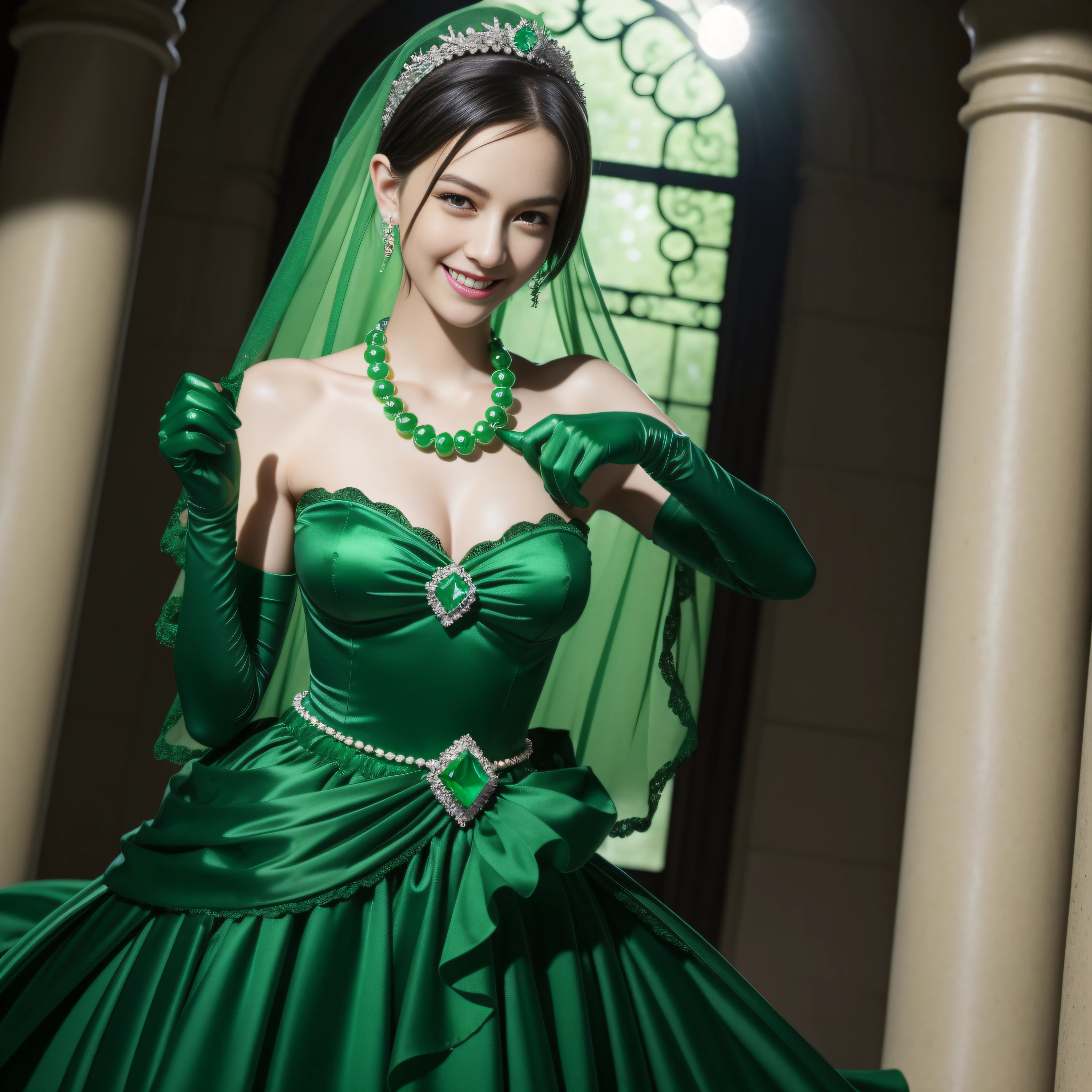 emerald tiara, Green Pearl Necklace, Boyish very short green hair, lipsticks, Japan woman smiling, very short short hair, big breasts beautiful, Green eyes, Long green gloves made of satin material, Green eyes, Emerald Earrings