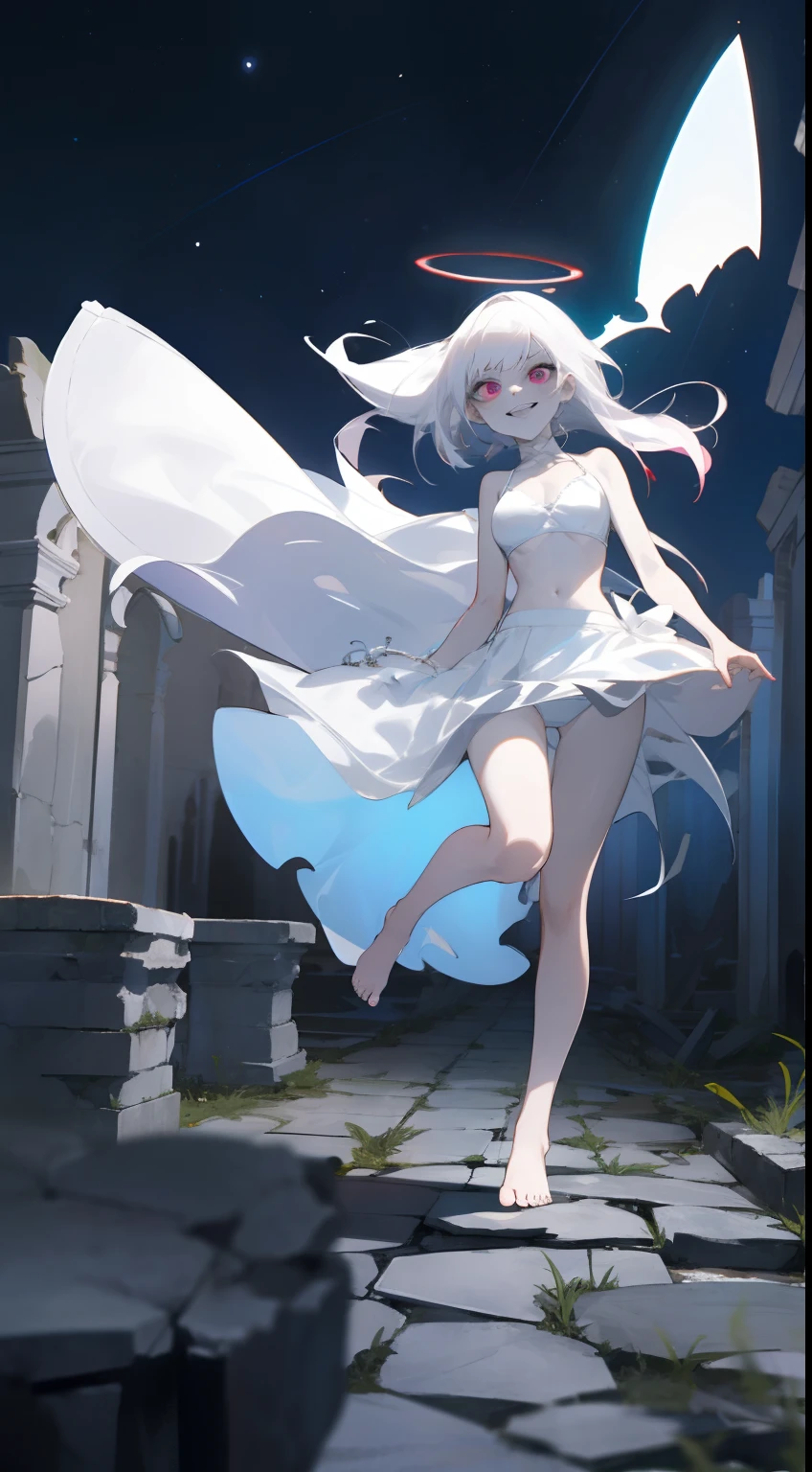 1girl,solo,colored sclera,white hair, long hair,(pale skin,extremy white skin,halo pink),(medium breasts),((white bra,white bikini,hidden arms,white skirt,bare feet,villain,psycho,villain smile, psychopath)),(((floating in front a stones ruins in night,masterpiece,hd,best quality,8k,full body)))