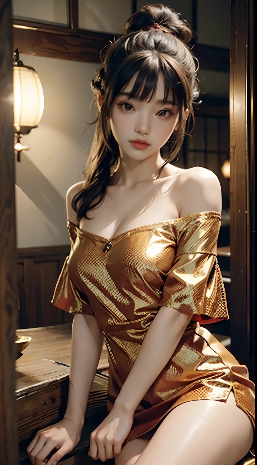 young girl, big , sharp nose, brown hair, short messy hair, beautiful eyes, perfect beauty, white skin, pale skin, textured skin, pale lips, orange eyes, in the boys room:1.2, ((big breast, huge breast)), ((chinese fairy costume)), thight dress, beautiful eyes, beautiful face, perfect body, open legs, perfect face, realistic, ultra realistic, aroused, ((seductive poses)), dynamic poses