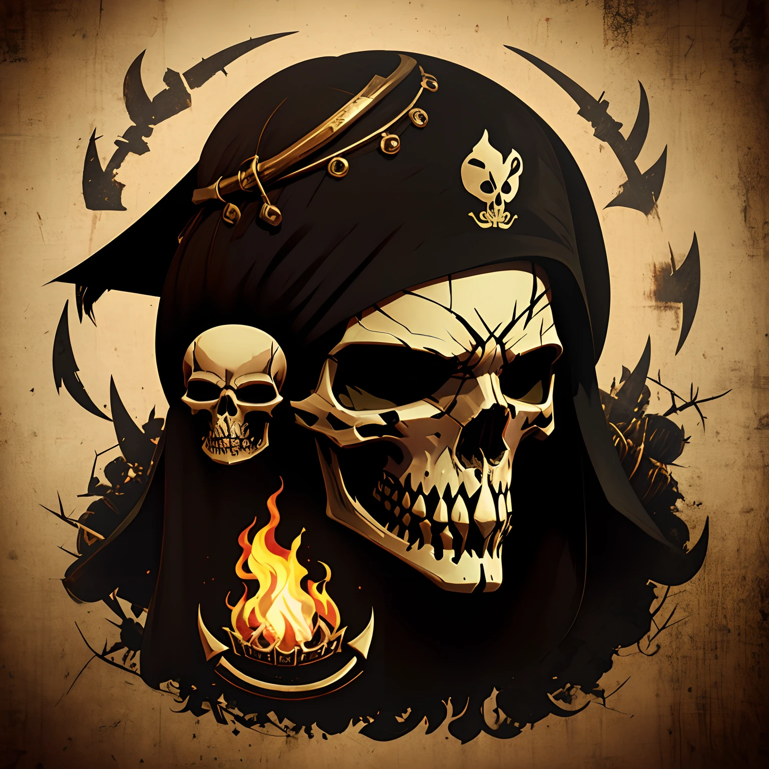 Develop a logo for our pirate crew, intitulada 'The Shadowed Skull.'We want the logo to capture the essence of mystery and darkness. A imagem principal deve ser uma caveira estilizada, com sombras que a envolvem, giving a sense of darkness and secrecy. The skull's eye sockets may contain small flames, emitindo uma luz fraca. A caveira deve ser decorada com detalhes intrincados e talvez tenha elementos adicionais, like a crown of thorns or a pirate's hat. O logotipo deve ser predominantemente em preto e cinza, com a caveira destacando-se no centro. Feel free to add other creative elements that complement the theme of darkness. O logotipo final deve ser elegante, mysterious and represent our crew with iconic originality