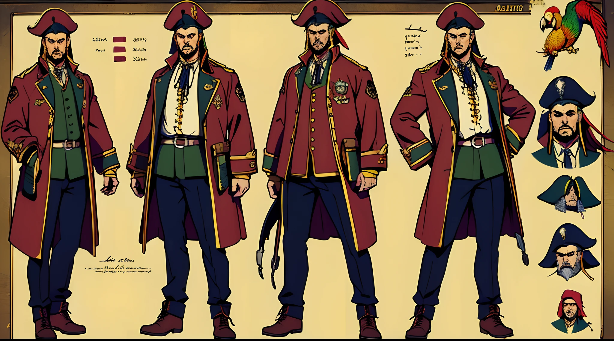 (masterpiece, best quality) detailed, character sheet, many items ( the same person, hat, hook, boots, letter jacket, golden tooth, a mechanical parrot) 40 year old pirate with a broken leg