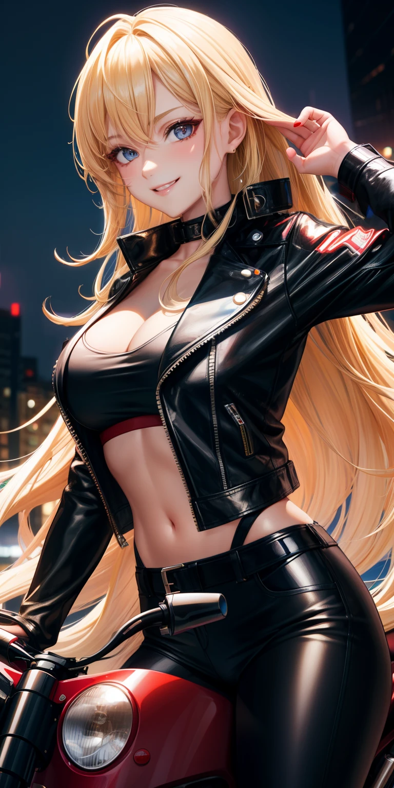 1woman, blonde, long hair, eyes Red, short blouse with cutout, wearing a black leather jacket, on top of a motorbike, in a night setting, giving a sexy, cute smile