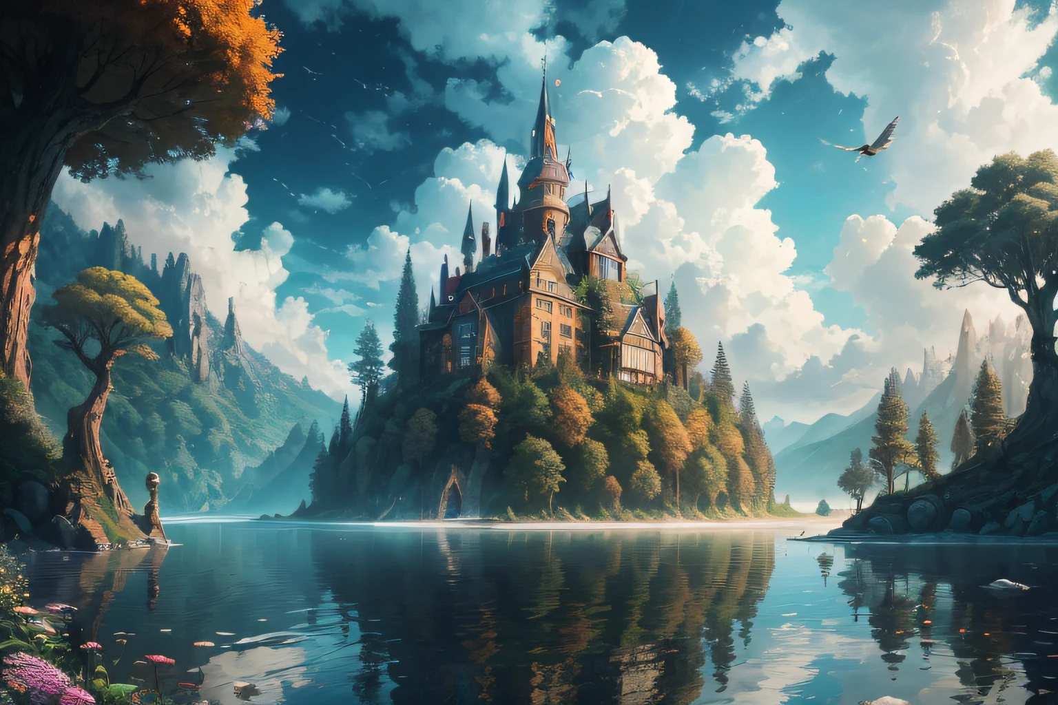 Elf Kingdom, house full of design, forest, lake, sky, clouds, fantasy incredible, supersaturated, surreal, Pixar style, high resolution, artgerm, masterpiece, super detailed, epic composition, high quality, highest quality, 16k