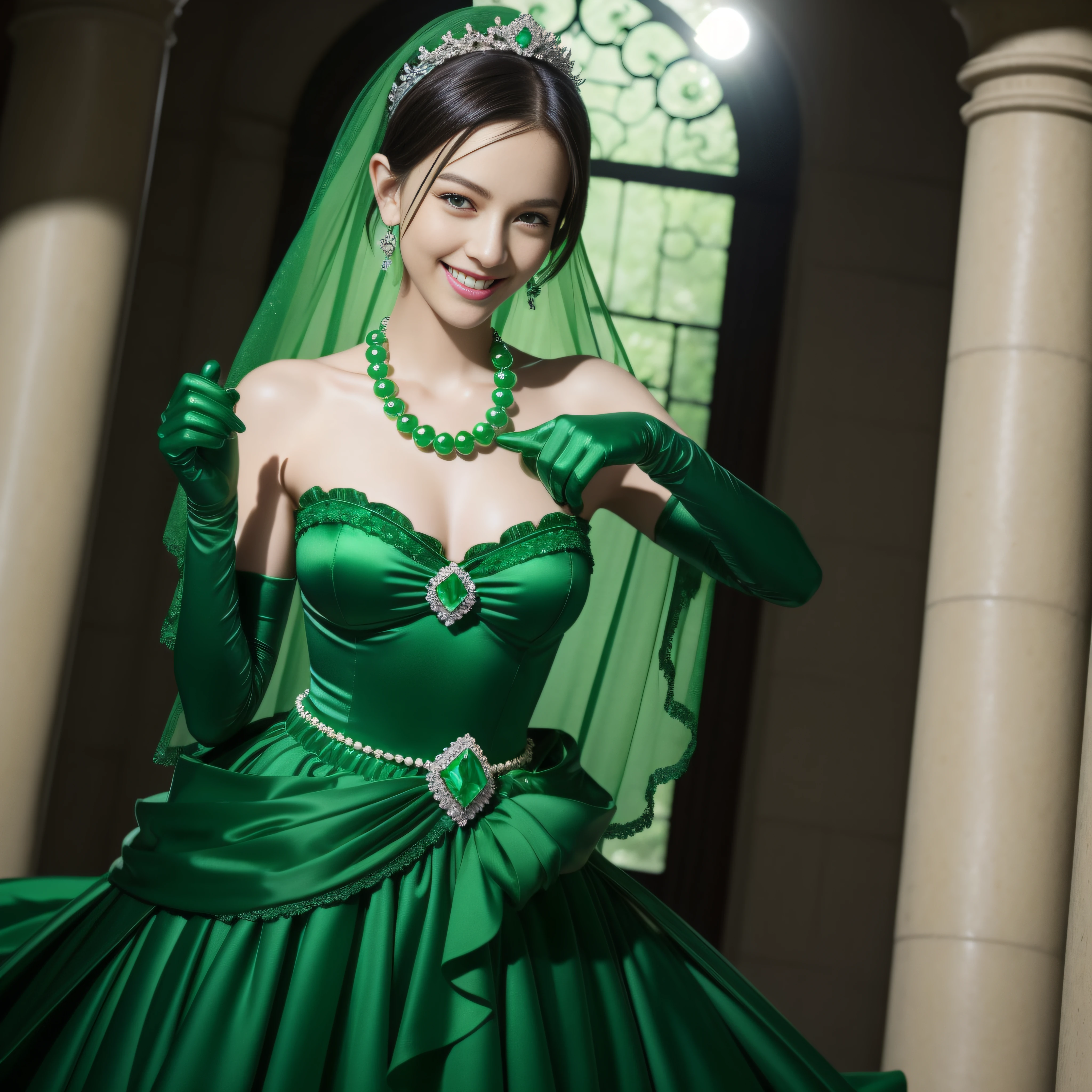 emerald tiara, Green Pearl Necklace, Boyish very short green hair, lipsticks, Japan woman smiling, very short short hair, big breasts beautiful, Green eyes, Long green gloves made of satin material, Green eyes, Emerald Earrings