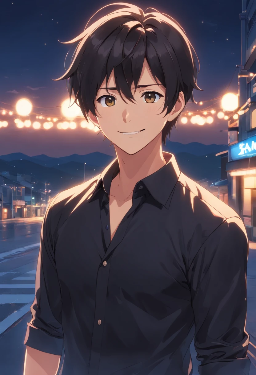 (Front view:1.4),Groomed beard,40-year-old dandy man,Composition of the upper body,Makoto Shinkai's painting style,japanes,(A smile:1.3),Ridicule,A tall man,a beard, Delicate facial features like an actor,Short-haired true black hair, (Long sleeve black silk Y shirt:1.5), Intense muscles, eyes are brown, nigh sky