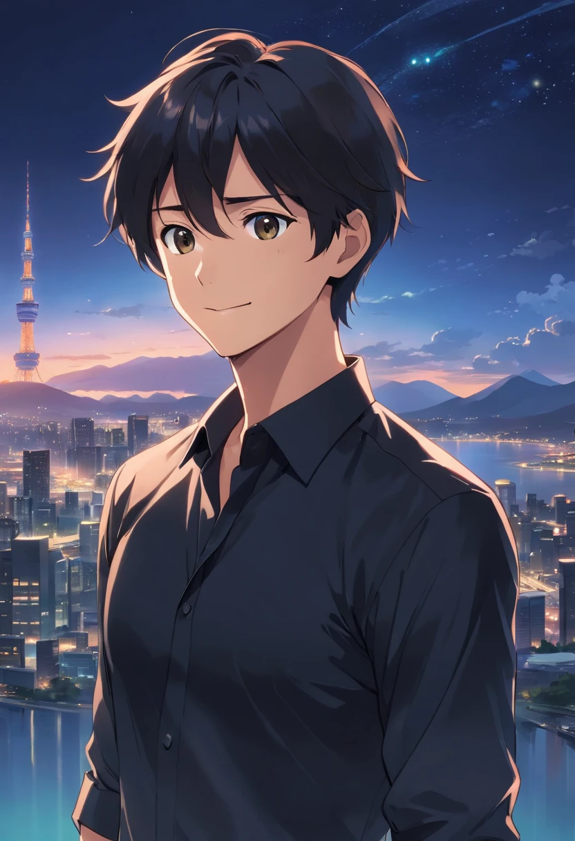 (Front view:1.4),Groomed beard,40-year-old dandy man,Composition of the upper body,Makoto Shinkai's painting style,japanes,(A smile:1.3),Ridicule,A tall man,a beard, Delicate facial features like an actor,Short-haired true black hair, (Long sleeve black silk Y shirt:1.5), Intense muscles, eyes are brown, nigh sky