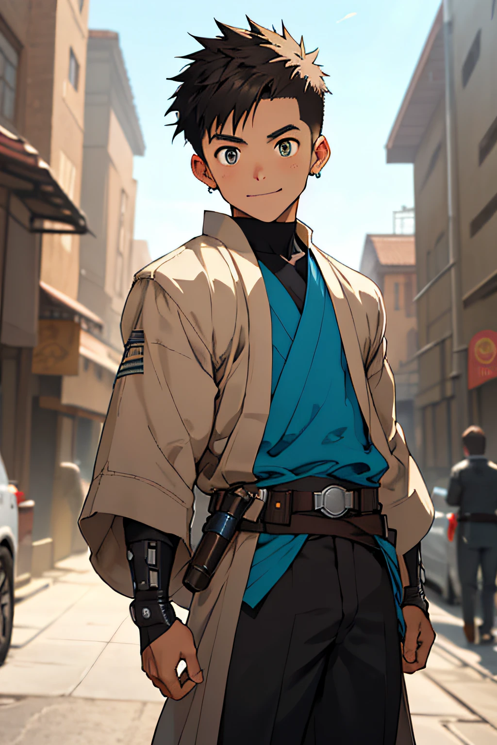 Spiky haircut, Spiky haircut, Spiky haircut, Spiky haircut, Spiky haircut, Spiky haircut, Spiky haircut, Spiky haircut, (masterpiece, Best quality), (depth of field: 1.2) Child's whole body, (9-year-old boy), teenager's face, big delicate eyes, cyan eyes, open eyes, smooth delicate skin, small square face, friendly expression, childhood, smile, early age, short round face, flat chin, finely detailed face, slender body, jet black hair, Spiky haircut, sunlight, vivid color, (depth of field: 1.2 ) smooth bottom, boy, Light skin. Majestic Jedi Temple, Jedi-style baggy brown pants and light brown cloth belt. Jedi robe, bronze-colored lightsaber, space bodysuit.