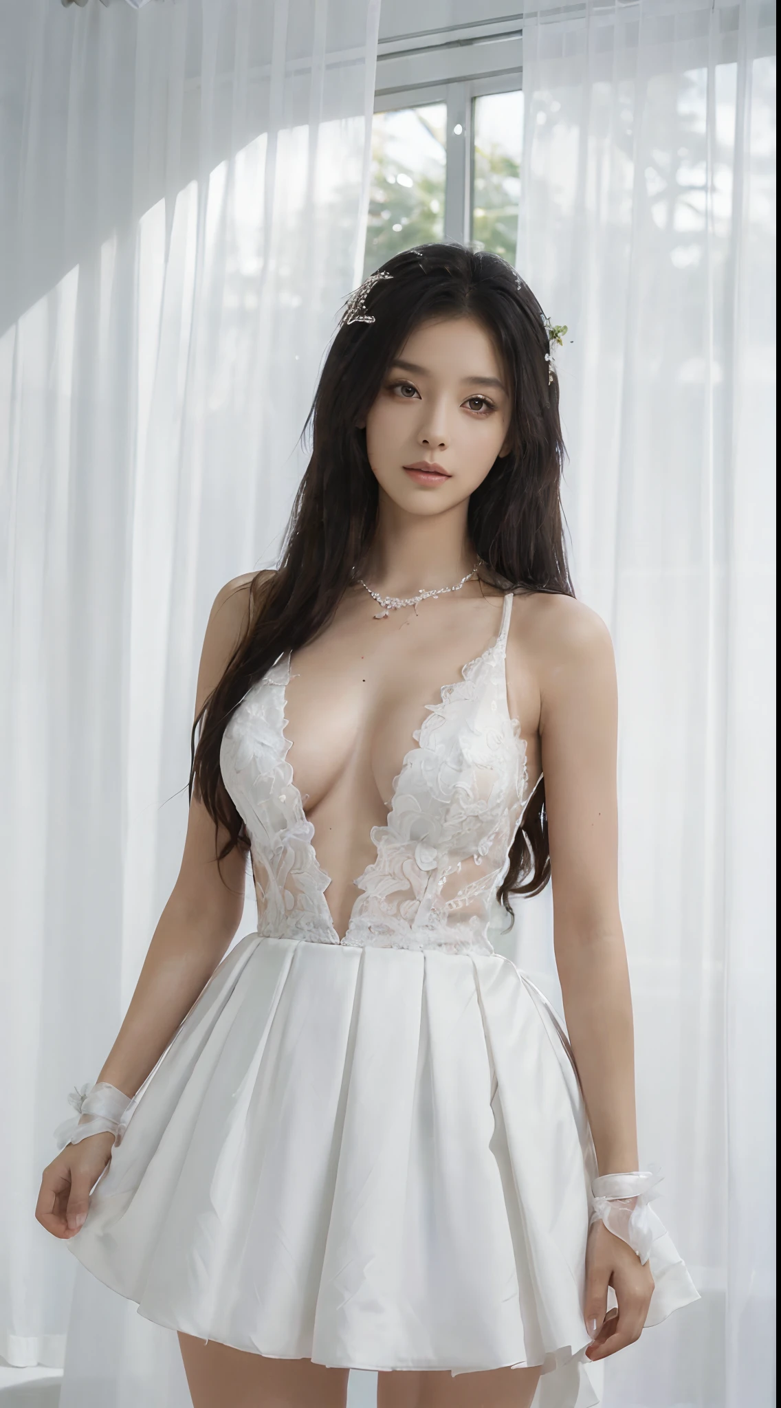 (Very detailed, reasonable design, Clear lines,Best quality, Masterpiece,Light and dark light Canon photography crystal clear (realisticlying:1.2)A beautiful woman in a white wedding dress