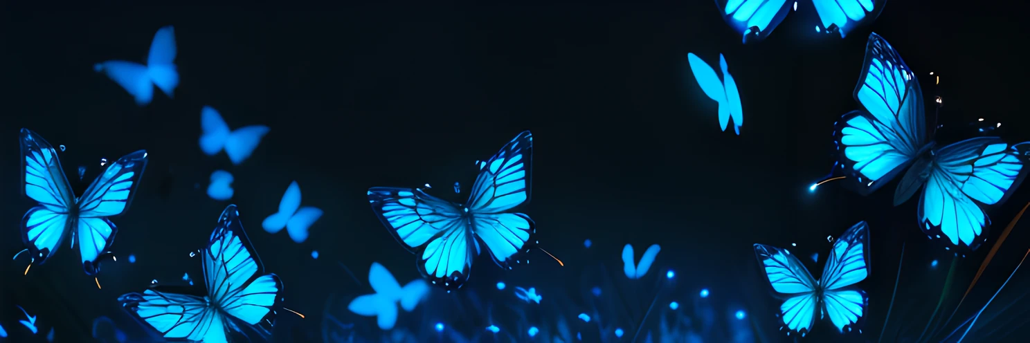 glowing blue butterflies at night, cinematic, blue lightings