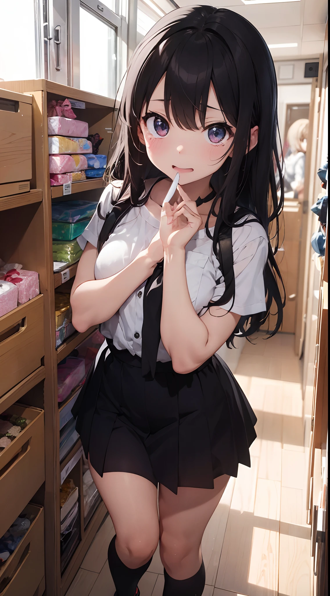 In a locker in the school hallway、The girl's name and date of birth are written on it。The locker is pink、Decorated with stickers such as hearts, Stars, Flowers, bow ribbon, Balloons, etc.。I have a gift, a cake, The card, etc. In the locker.、A message from a friend is written。 girl with:With a girl standing in front of a locker、hair is black and long,、Tied with a ribbon。The face is round and cute。Uniform is white and navy blue、Skirt above the knee、Socks should be white、It's below the knee。The shoes are black loafers。The girl had a surprised look on her face, Joy and emotions.、eyes wide open.、The mouth is wide open.、There were tears.、My cheeks are red.、My hands are on my chest.、the body is leaning forward。 Overreaction:The girl's surprised expression was、Impossibly overreacting.、Drawn like a manga or anime。NP、Eyes, Mouth, Tears, Cheeks and hands are drawn large