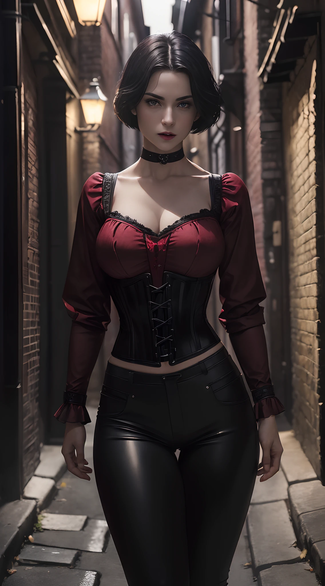 (A beautiful 25 years old British Female Vampire Mercenary:1.4), (Short Wolfcut Black Hair), (Pale Skin), (Athletic Body Builds:1.2), (Serious Face), (Wearing Red Shirt, Black Corset, and Black Tight Long Pants), (Dimly Lit City Alley at Night:1.4), (Sexy Pose:1.2), Intricate Face Detail, Intricate Hand Details, Chiaroscuro Lighting, Photorealistic Production, Cinematic Shot and Lighting, Realistic Colors, Masterpiece, Sharp Focus, Ultra Detailed, Ultrarealistic Photography, Canon EF F/1.2L 100mm Lens, Depth of Field, Incredibly Realistic Environment and Scene, Master Composition and Cinematography