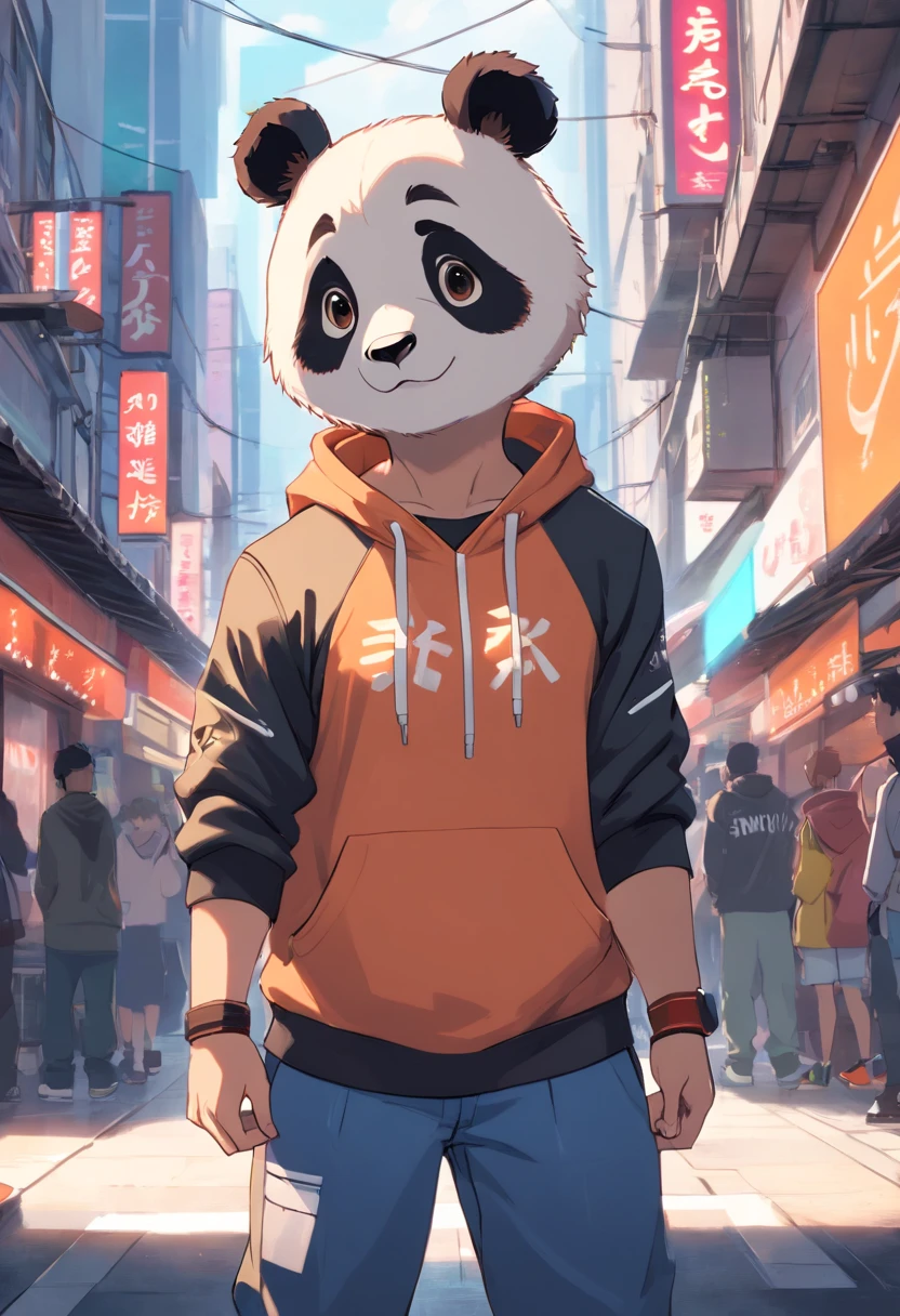 ((foto crua)), ((obra-prima)), Anthropomorphic humanoid panda wearing (((roupas de streetwear))), caminhando furiosamente entre as pessoas, detalhe intrincado, intricate Greebles pieces, corpo musculoso, (((large muscles))), muscular arms, (small head), Ogro monstruoso, Titan soft lighting, Hiper realista, soft-lighting, Ambiente sinistro