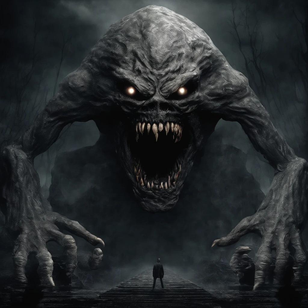 a stone monster, gigantic mouth, muscular long legs, sphere body, no arms, (without arms), stone texture, detailed facial features, sharp teeth, intense gaze, eerie lighting, dark and moody colors, high-resolution artwork, photorealistic style