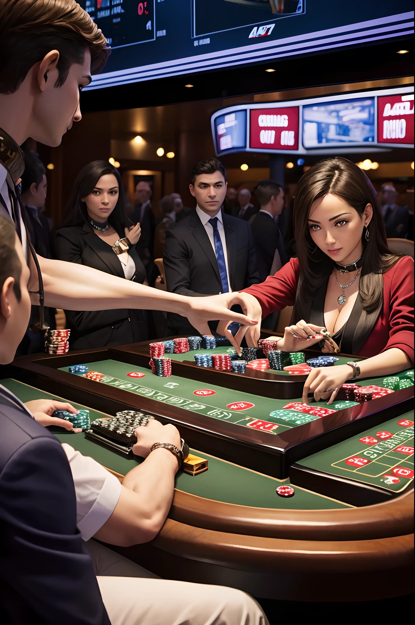 Real people gambling with an ak47 around their neck. Who are sitting at the table gambling. With a Boeing 474 approaching as a background