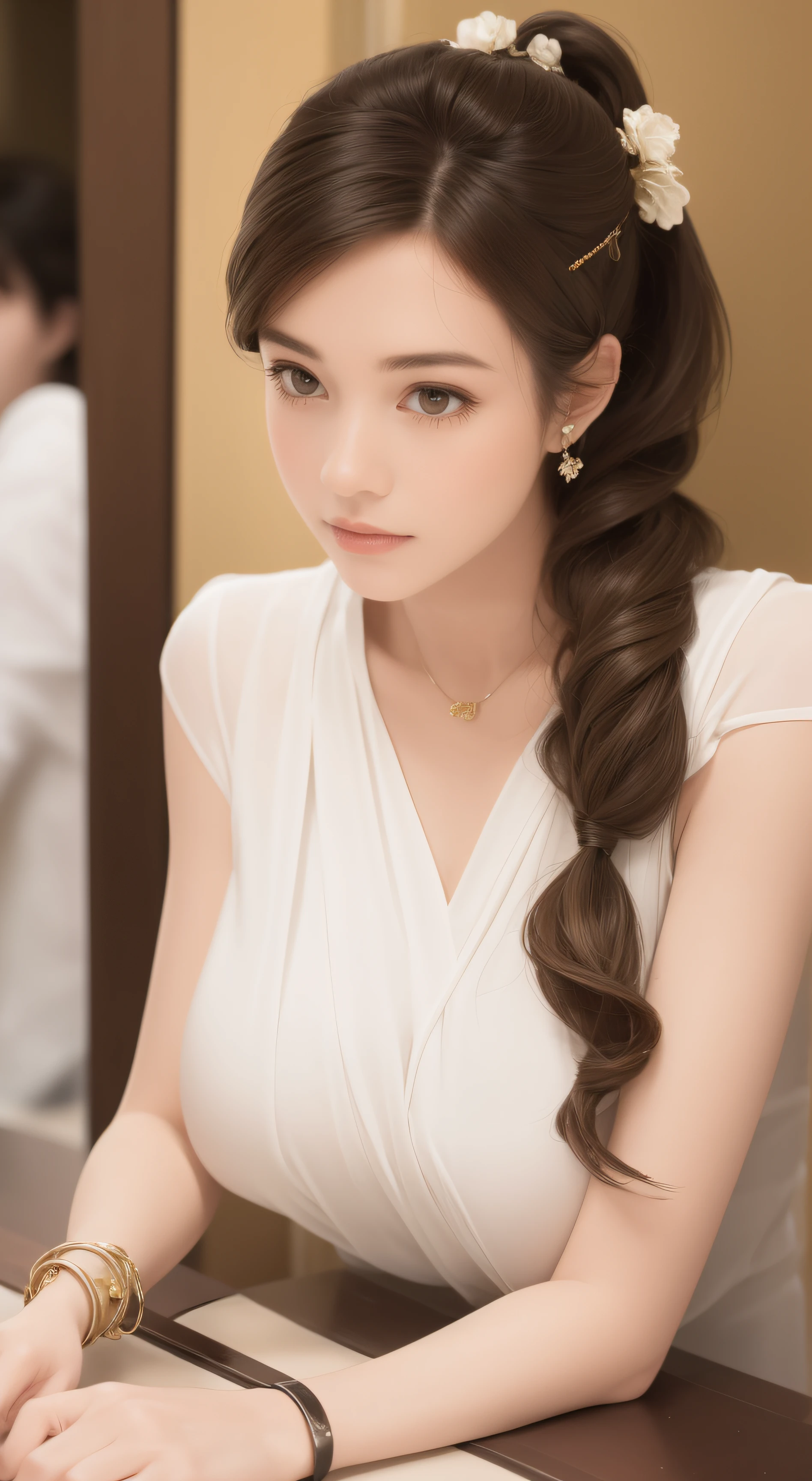 Female((aged 40)), Hair((Long wavy, Golden)), Eyes((Smart eyes, Green eyes)), clothes((Maxmara, Mini dress, White, Silva)), Accessories ((pony tails, Hairpins Hairpins, impact, Bracelet)), Bigboobs, gigantic cleavage breasts, Korean makeup, club, Party, Granpole, Hall, ball room,Long legs,thick leg,full bodyesbian,full bodyesbian,