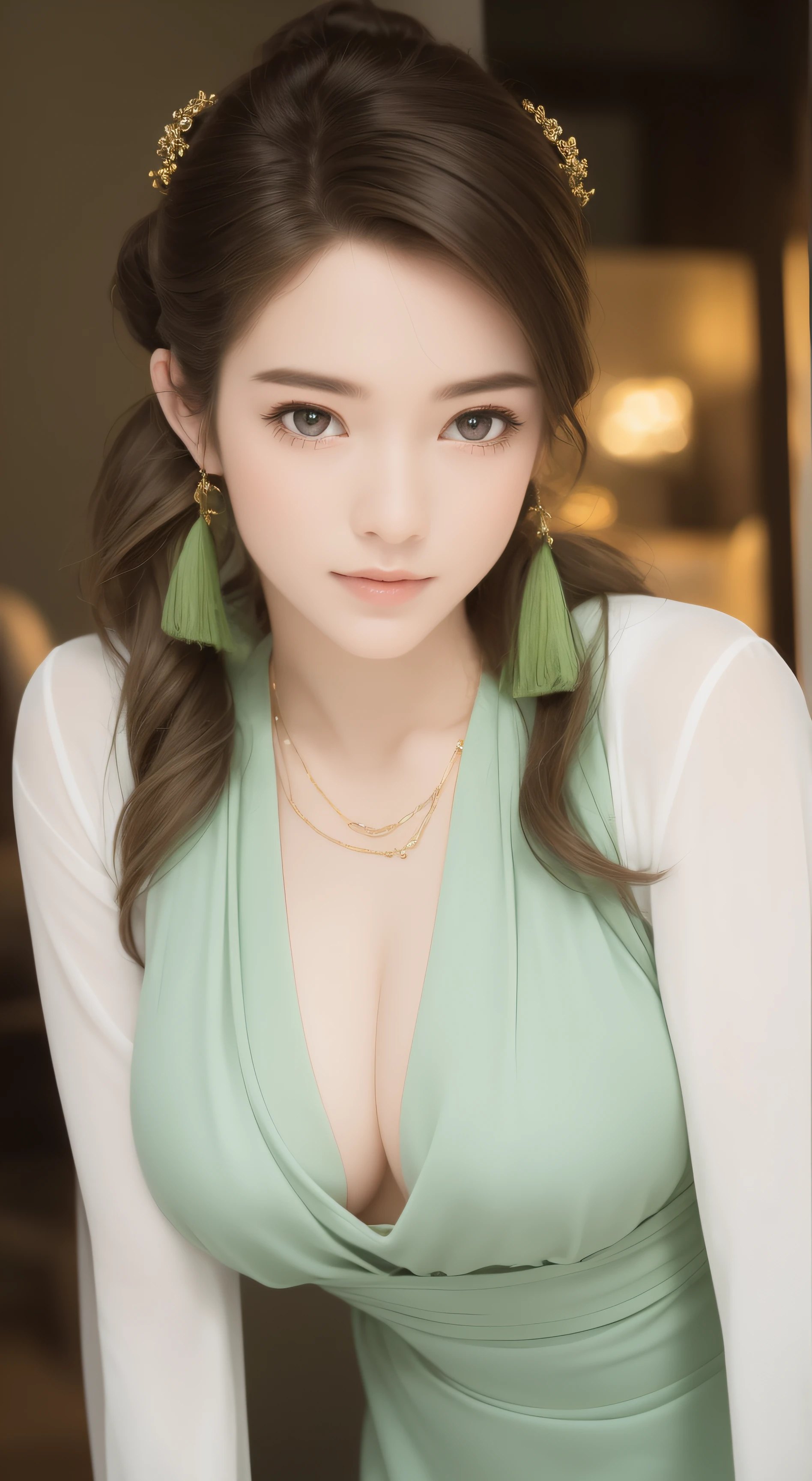 Female((aged 40)), Hair((Long wavy, Golden)), Eyes((Smart eyes, Green eyes)), clothes((Maxmara, Mini dress, White, Silva)), Accessories ((pony tails, Hairpins Hairpins, impact, Bracelet)), Bigboobs, gigantic cleavage breasts, Korean makeup, club, Party, Granpole, Hall, ball room,Long legs,thick leg,full bodyesbian,full bodyesbian,