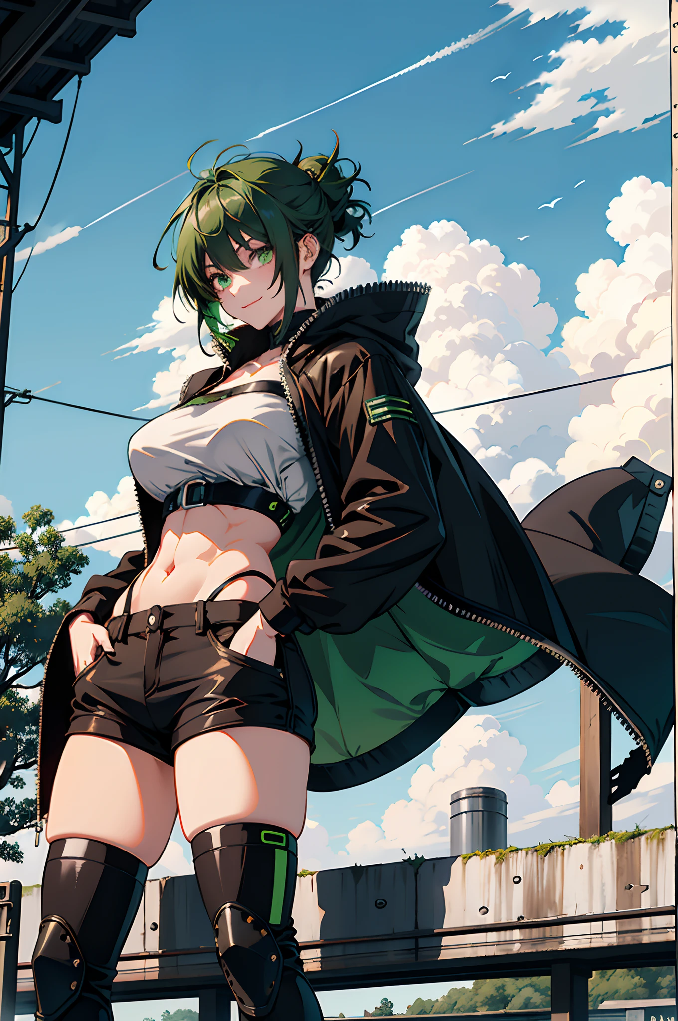 Pure sky，mechanical leg，Black mechanical legs，Plump legs，Green gem setting，Anime girl standing gracefully on the ground，Black cape and green hair, rogue anime girl, Anime girl standing, Wearing a cloak on the blasted plain, asuka suit under clothes!, Cyborg girl, badass posture, mechanic punk outfit, anime styled 3d, render of a cute 3d anime girl, gapmoe yandere grimdark, Female character，musculature，Abs，Glowing green eyes，Black hair with green gradient，short detailed hair，Bunched hair，Dull hair，（Muscle 2.0），Tomboyish，Be red in the face，looking at viewert，Elaborate Eyes，Black mechanical legs，huge tit，1.5，Put your hands in your pockets，ssmile，blacksilk，Straight big breasts，strappy，Black openwork hot pants，White bandeau，Toothless smile，Lower breast，Mechanical wind，There are no cities