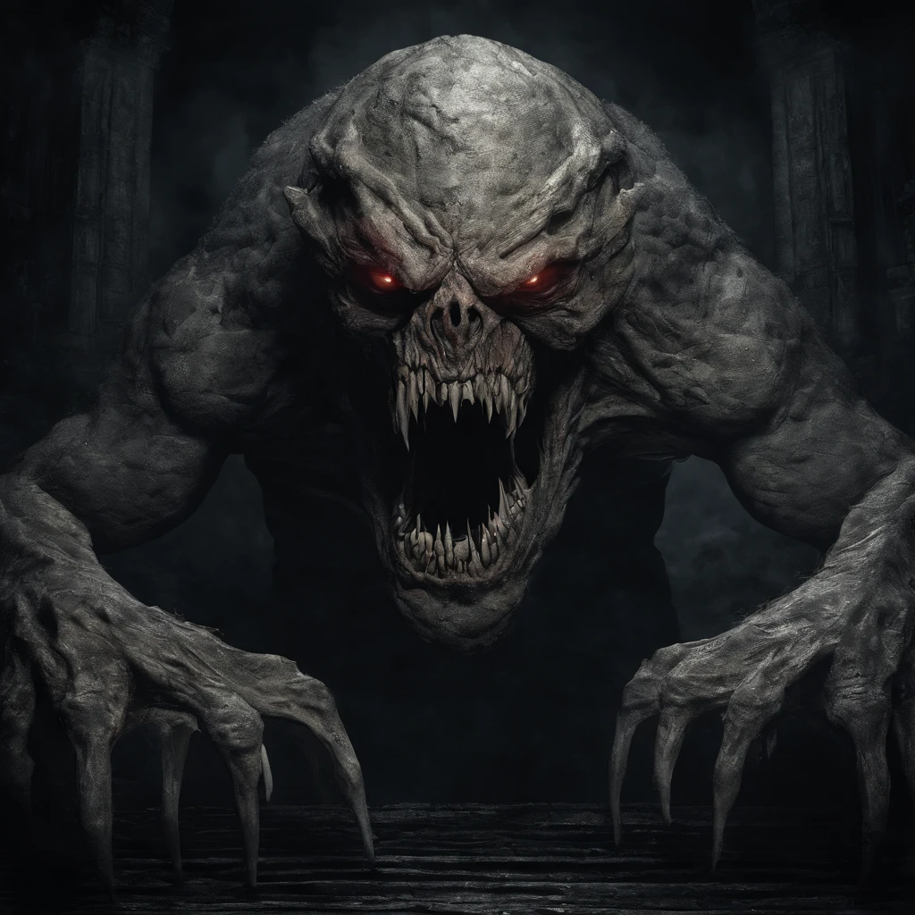 Stone monster, Huge mouth, muscular long legs, spherical body, No arms, (Without arms), Stone Texture, detailed facial features, sharpteeth, intensegaze, Spooky lighting, Dark and moody colors, High resolution artwork, Photorealistic style