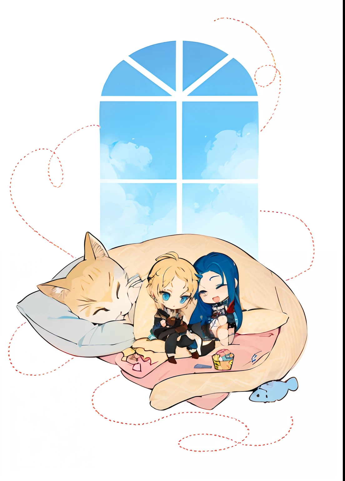 Chibi Couple, 1boy blonde hair, 1girl blue hair, with a big cat
