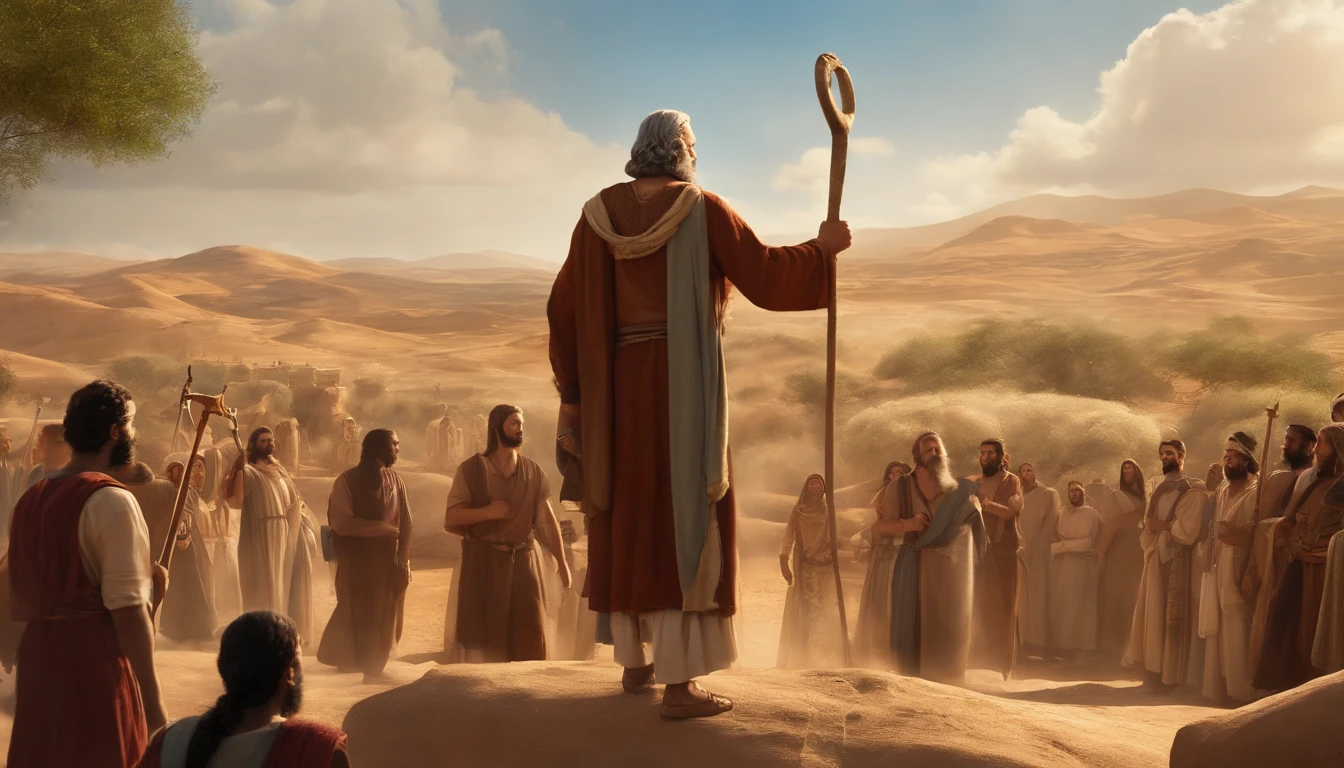 Draw an illustrative image of Moses as a figure of inspiration. The scenery is majestic and uplifting, with the sun shining in the blue sky and soft clouds in the background. Moses is pictured standing, Walking Ahead of the Hebrew People, com um olhar preocupado no seu rosto. He is dressed in his traditional clothes, holding the staff firmly in one hand. The Hebrew people are gathered around him, homens, Women and children, everyone looking at Moses angrily. No fundo, a Terra Prometida pode ser vista em toda a sua beleza, com colinas, Fertile rivers and fields, symbolizing the realization of the journey led by Moses. The scene conveys the idea of charismatic and inspiring leadership, singling out Moses as a spiritual guide and a reference figure for his people