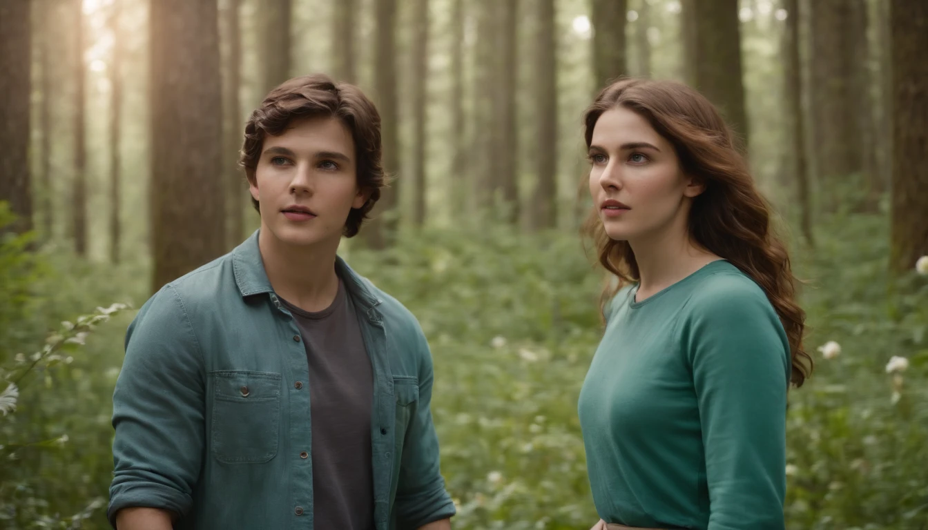 Percy jackson and girlfriend with wavy brown hair and green eyes, in a forest with lilies , Majestic, Danish Pastel, Game Night, top-down, 2d platformer, Soft focus, Print, brown colors, Metal, backlit lighting, High quality