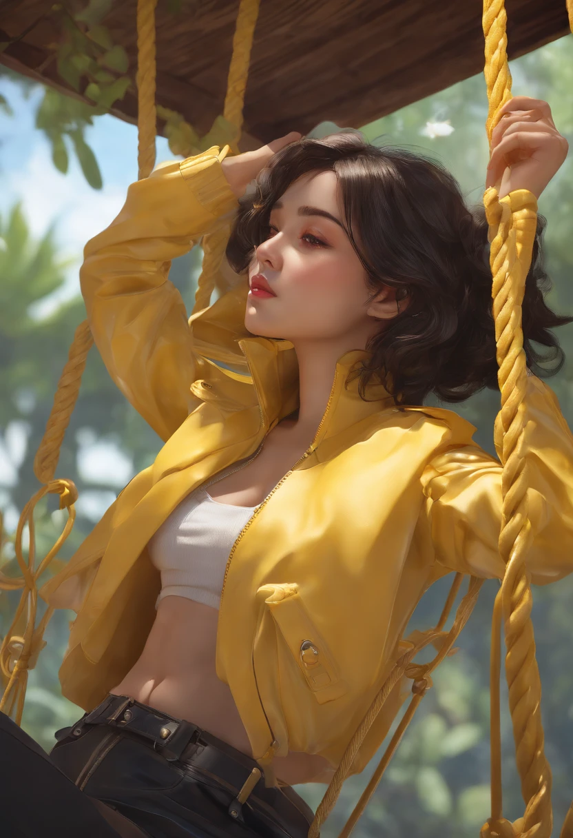 arafed woman in a yellow jacket is suspended in a yellow swing, artwork in the style of guweiz, photorealistic anime girl render, realistic anime 3 d style, anime styled 3d, guweiz, 3 d anime realistic, makoto shinkai ( apex legends ), trending on cgstation, anime style. 8k