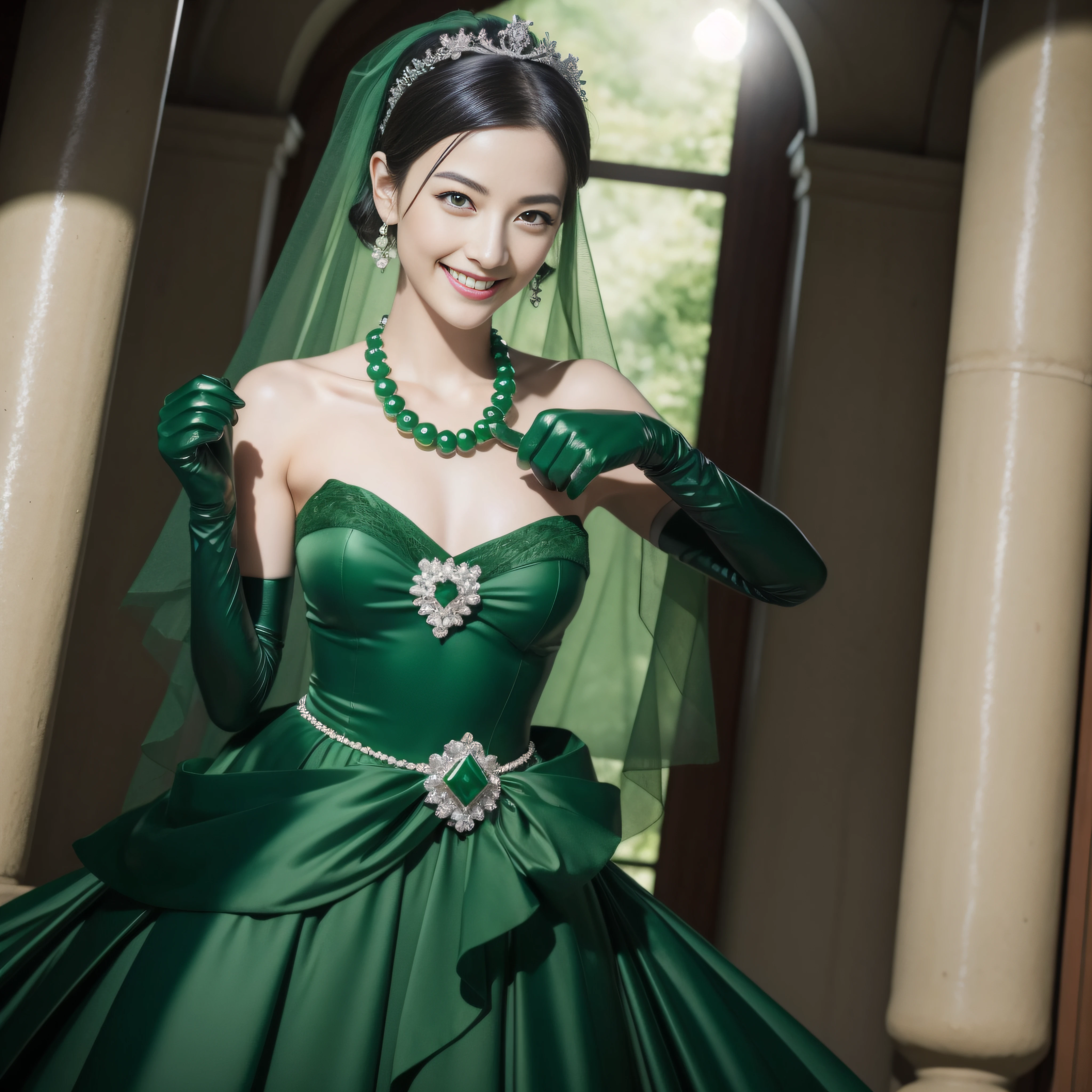 Boyish very short black hair, lipsticks, Japan woman smiling, Green Long Grove, Emerald Tia boyish very short black hair, lipsticks, Japan woman smiling, Satin green long gloves, Green Pearl Necklace, verd s eyes, Green eyes, Long green gloves made of satin material, big breasts beautiful, Green Bridal Veil, Green eyes, Emerald Earrings,emerald tiara, Green eyes