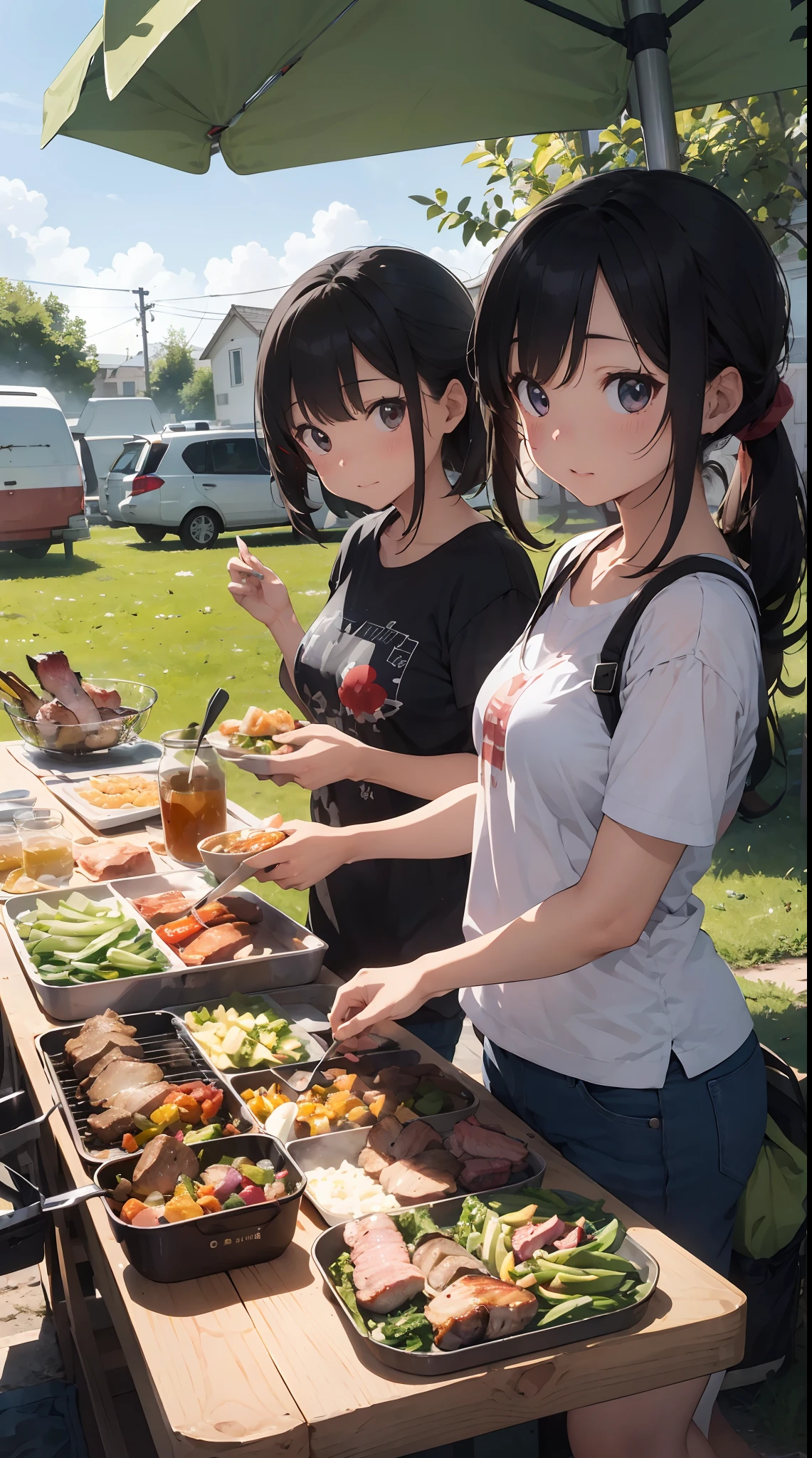 Illustration of girls having a barbecue at a campsite。They all wear different clothes and hairstyles.、Individuality is felt。One is grilling meat.、The other is cutting vegetables。They both looked hungry.、Your eyes are glued to food。There is a barbecue set and tableware in the foreground.、Delicious-looking ingredients are lined up。There are tents and trees in the background、You can feel the atmosphere of the campsite。The colors are bright and vivid、Emphasis on deliciousness and fun。（cuteness：1.3）（Deliciousness：1.5）（hightquality：1.2）（comics：1.0）