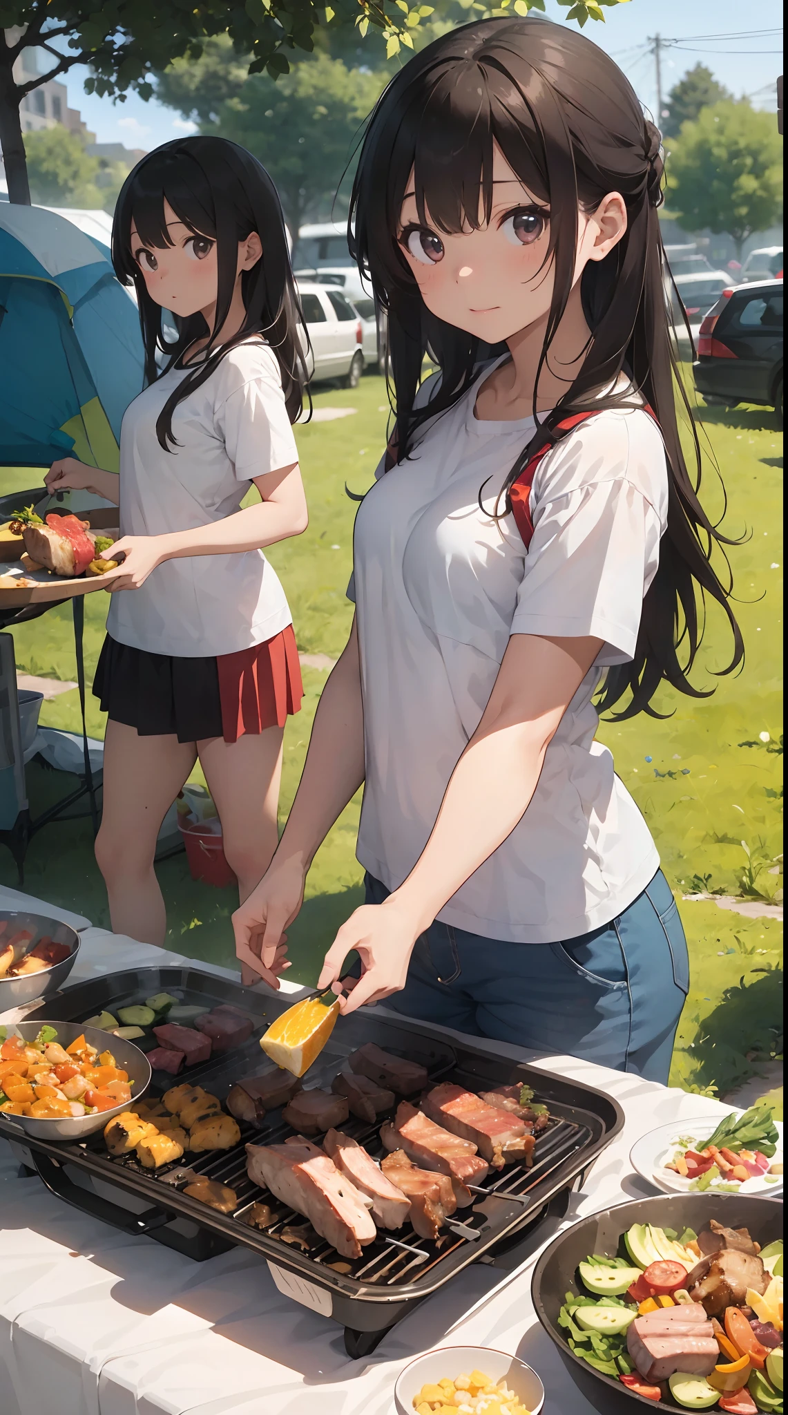 Illustration of girls having a barbecue at a campsite。They all wear different clothes and hairstyles.、Individuality is felt。One is grilling meat.、The other is cutting vegetables。They both looked hungry.、Your eyes are glued to food。There is a barbecue set and tableware in the foreground.、Delicious-looking ingredients are lined up。There are tents and trees in the background、You can feel the atmosphere of the campsite。The colors are bright and vivid、Emphasis on deliciousness and fun。（cuteness：1.3）（Deliciousness：1.5）（hightquality：1.2）（comics：1.0）