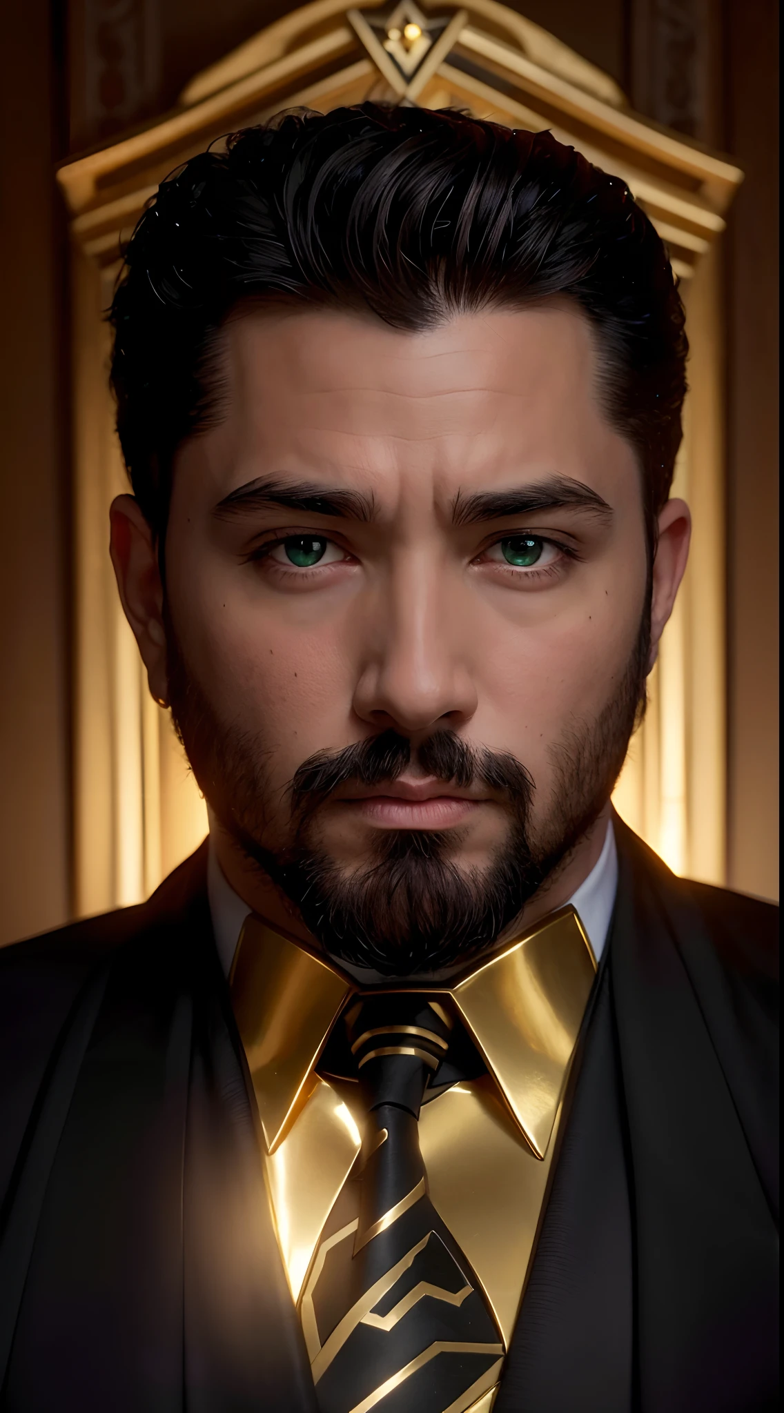 image of a man, black armor with gold lines, age 30 to 35, ((his lady sits next to him on the throne)), shining gold crown, masculine image, manly, short hair, male prince, legendary knight, picture of an emperor, extremely detailed, fantasy, royal knight, upscale, hyper realistic, black gold armor, gold aura, shinning gold aura, gold weapon, golden cape, cinematic scene, black hair, Highly detailed, throne room, sitting on throne of gold, shinning gold eyes, ((very detailed face))), ((very detailed eyes and face))), ultra realistic, cinematic lighting, detailed throne background, upright posture, gaze ahead, radiant, eyes looking at camera, High Quality Detail, ((Dynamic Pose)), (Full Body), Stunning character art, (Realistic: 1.4), (Clarity: 1.4), (using gems, pearls, emerald, amber), High Resolution, Very Detailed, Best Quality, Masterpiece, Illustration, Very Detailed, CG, Unified, 8k Wallpaper, Incredible, Fine Detail, Masterpiece, Light on Face, Backlight, His gaze expresses contempt and anger, Environment: Imposing throne in the center of the room.