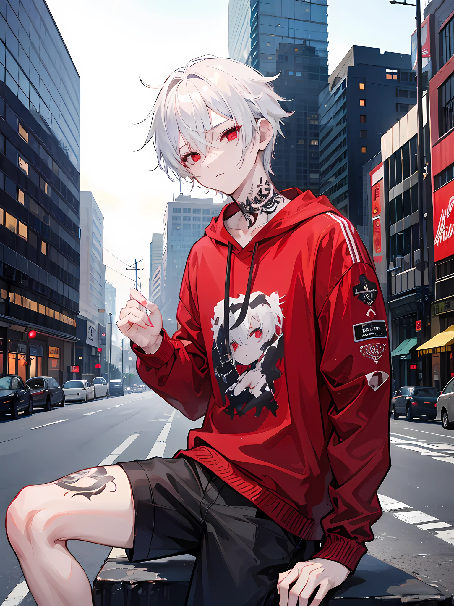 1boy, short white hair, Red eyes, wearing black casual street clothes, city, high res, ultrasharp,8k, masterpiece, looking at viewer, handsome, tattoo, high def hair , high def eyes, older look, sitting, hair slightly over eyes, emo, slightly messy hair