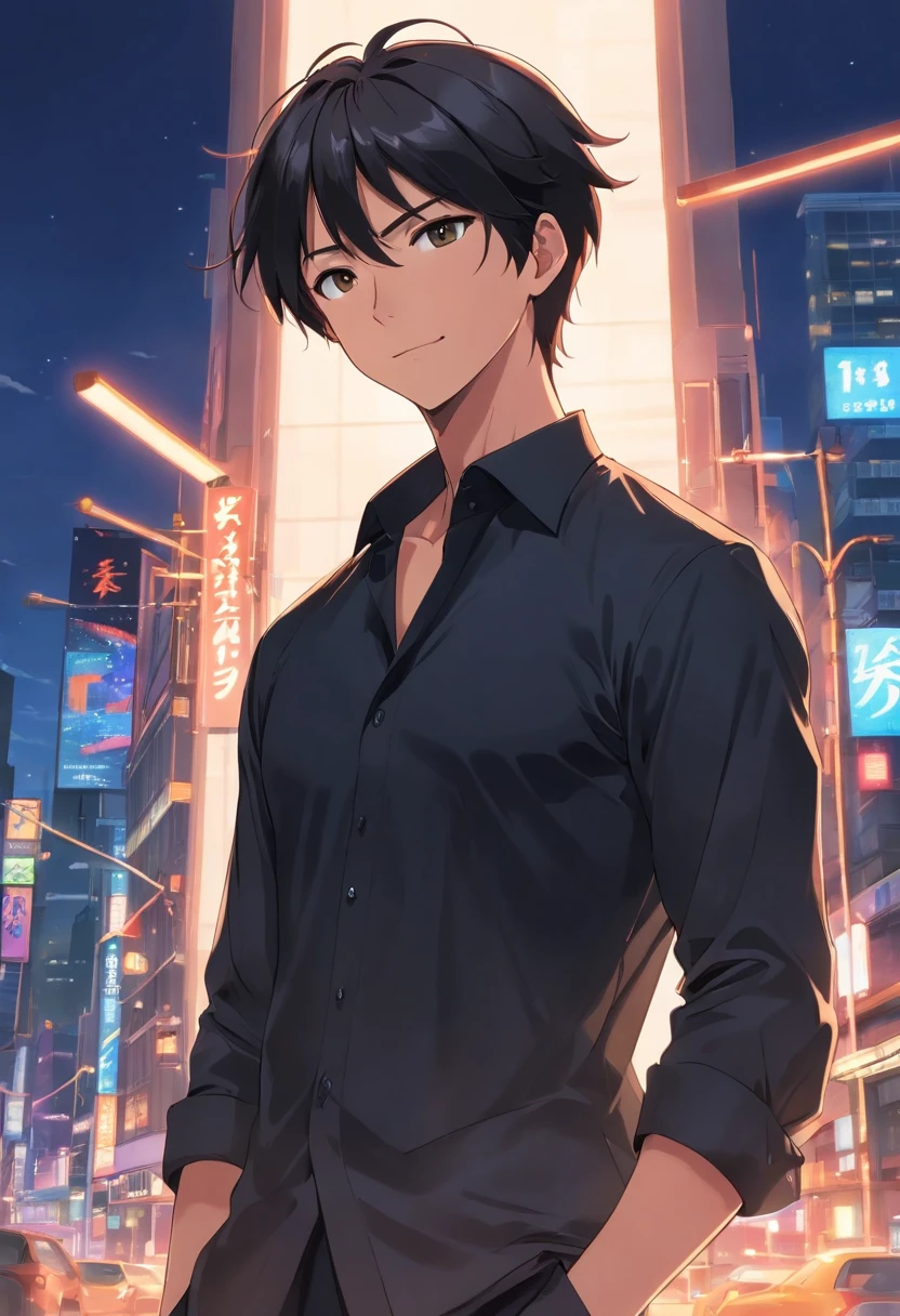(Front view:1.4),Groomed beard,50-year-old dandy man,Composition of the upper body,Makoto Shinkai's painting style,japanes,(A smile:1.3),Ridicule,A tall man,a beard, Delicate facial features like an actor,short-haired,True black hair, (Long Sleeve Black Silk Y-Shirt:1.5), Silver Necklace,Intense muscles, eyes are brown, sky at night