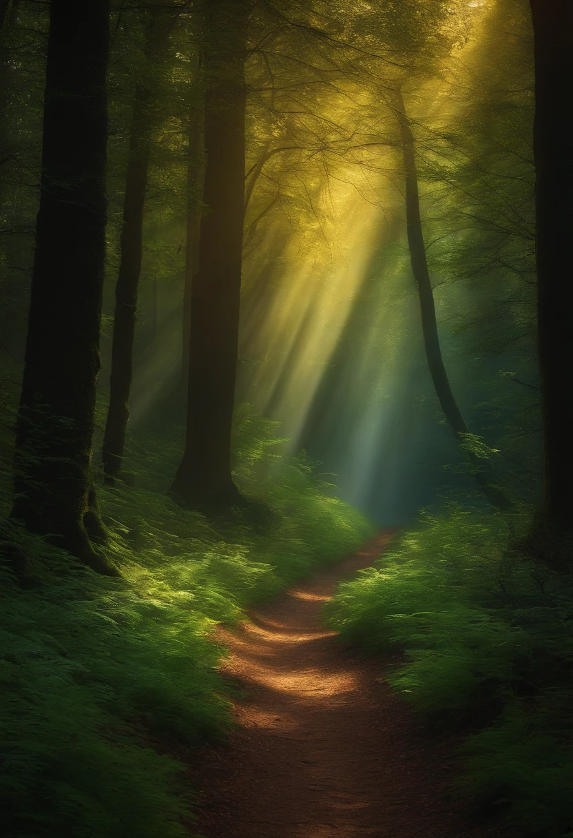 painting of a path in a forest with a path leading through it, dark forest, fairytale forest, magical fantasy forest, fantasy forest, dark forest, black forest, dark colors and atmosphere, magic forest, forest ray shadow light, marc adamus, really beautiful forest, backround magic forest