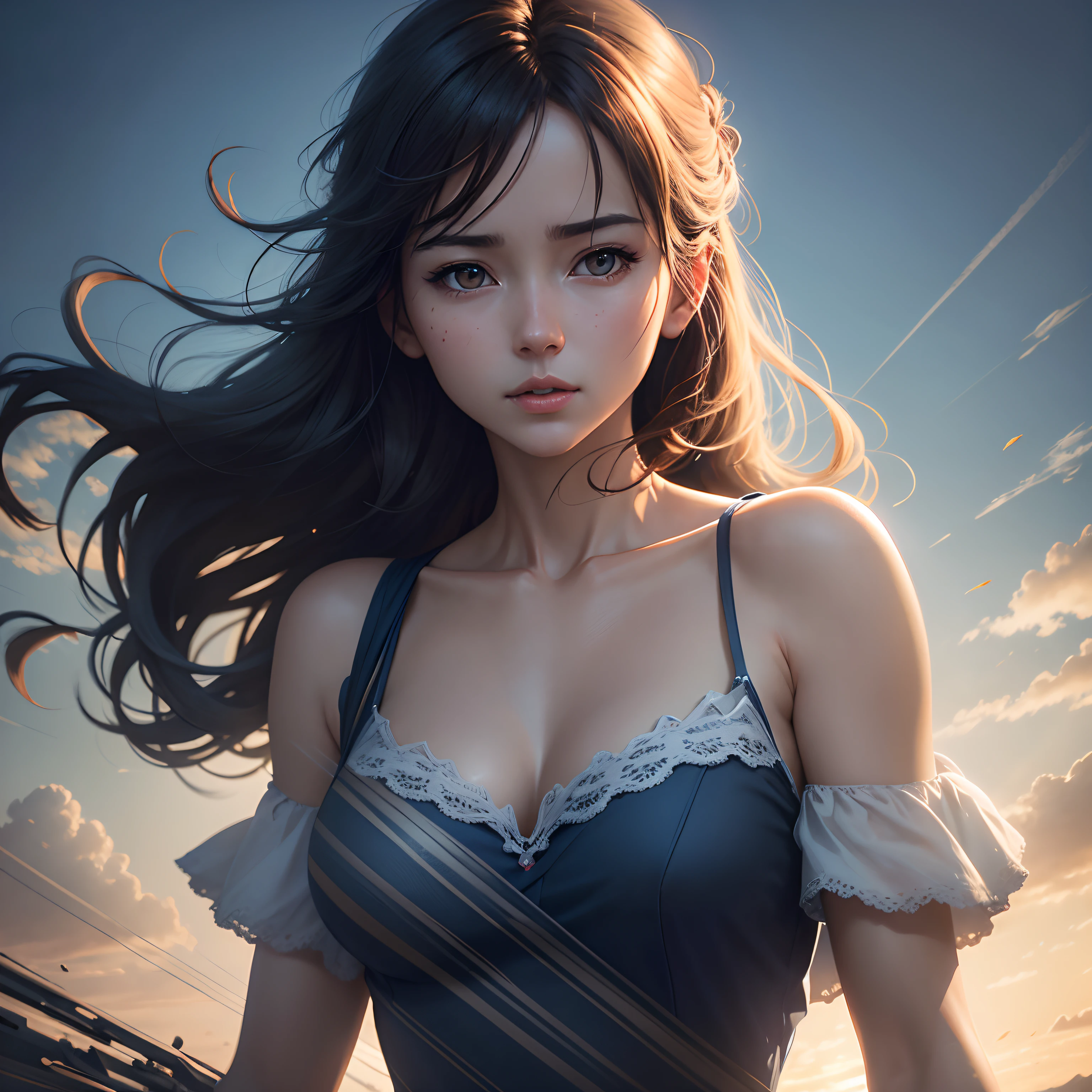 (Cinematic Digital Artwork: 1.3), High Quality, Masterpiece, Top Quality, Super Detail, Illustration, [4K Digital Art]!!、 Kyoto Animation Style, One Woman, Clavicle Beauty, Clavicle, Light, Hope, Blue Sky, Positive, Challenge, Motivation, Brilliance, Dynamic Perspective