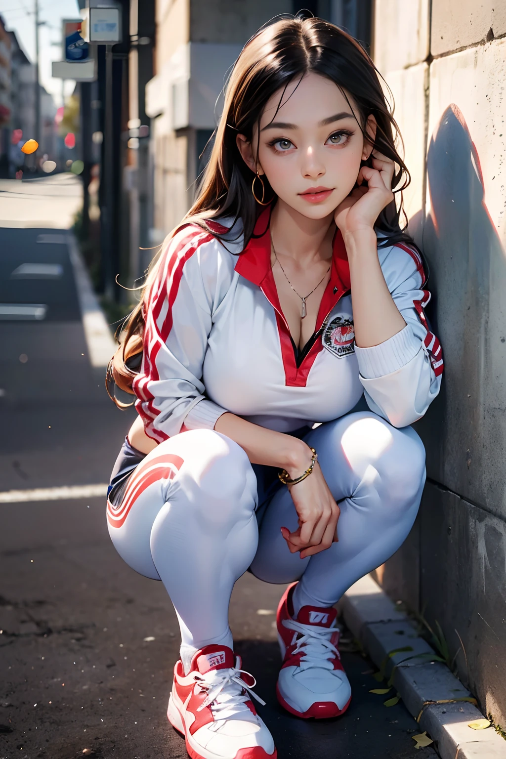 Award Winning Photos, 1 Female, Solo, Best Quality, Ultra High Resolution, 8K Resolution, The Background Is Street, (( Sport Theme)), Aggressive Face, Seductive Smiling, Beautiful Female with Perfect Figure:1/4Full Body Pose, Mature Female, Milky White Skin, Perfect Face Shape, Perfect Body, Perfect Figure, Big Boobs, Delicate and Beautiful Face, Ultra Detailed, Masterpiece, Highly Detailed Face and Skin Texture, Detailed Eyes, Double Eyelids, Minimal Makeup, Juicy Lip, Beautiful Eyes, Mesmerizing Eyes, Slim Hip, Medium Body ((Tall 165 cm.)), ((Flawless Legs)), Gorgeous, ((Sport Uniform)), ((Sport Outfit)), Wearing Leggings Pants, Wearing Sneaker Shoe, Korean, Model, Luxury, Jewelry Neckless, Earring, Long Hair, ((Full Body)), Cowgirl Variety Pose, Facing The Viewer, Looking At The Viewer, Black