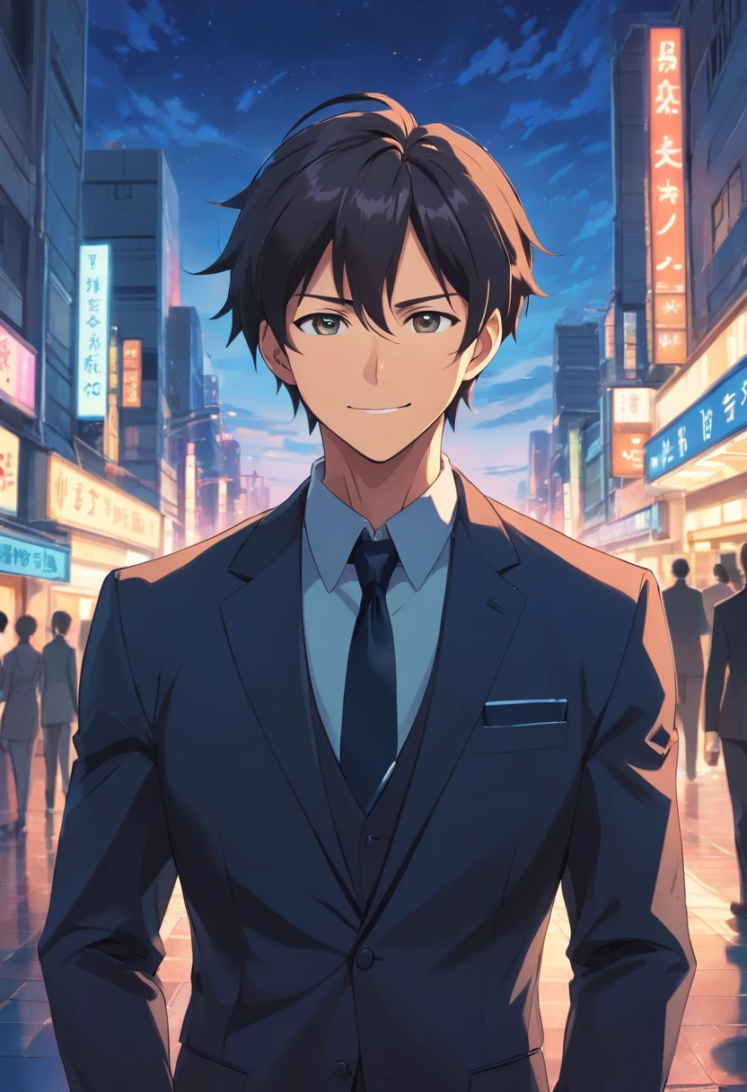 (Front view:1.4),Groomed beard,50-year-old dandy man,Composition of the upper body,Makoto Shinkai's painting style,japanes,(A smile:1.3),Ridicule,A tall man,a beard, Delicate facial features like an actor,(short-haired:1.4),True black hair, (black suits:1.5)、Dark blue tie,Intense muscles, eyes are brown, sky at night