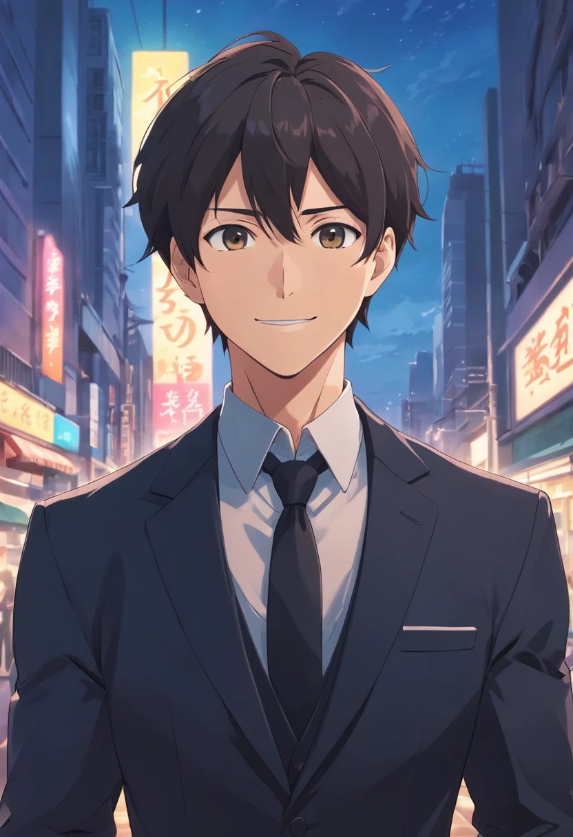 (Front view:1.4),Groomed beard,50-year-old dandy man,Composition of the upper body,Makoto Shinkai's painting style,japanes,(A smile:1.3),Ridicule,A tall man,a beard, Delicate facial features like an actor,(short-haired:1.4),True black hair, (black suits:1.5)、Dark blue tie,Intense muscles, eyes are brown, sky at night