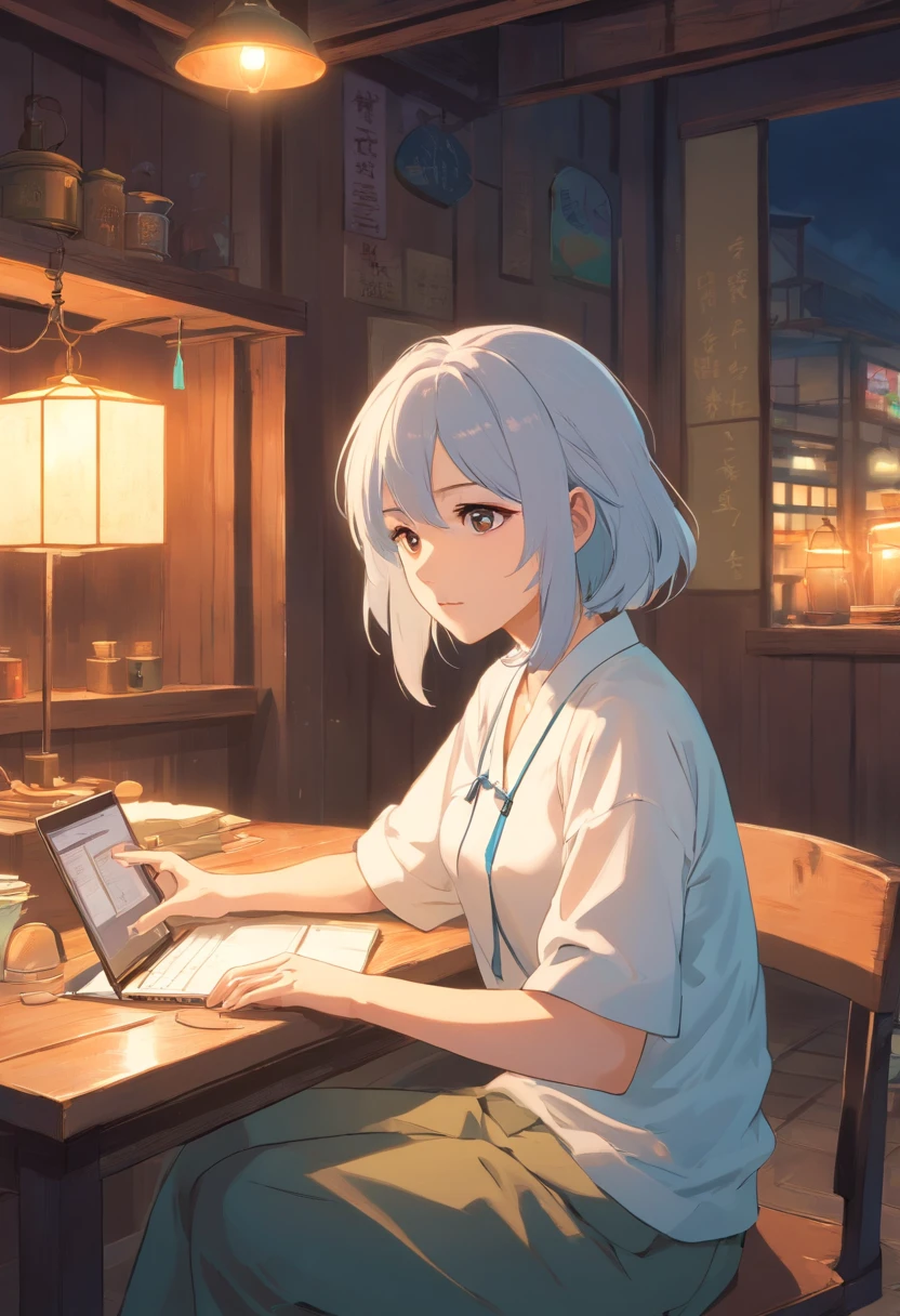 woman sitting, table with laptop, chilling, lofi vibe, bored, A rural woman in a white shirt,The face is full of wrinkles,white haired Cangcang,Doubts shocked,Walking into the broken house with a bag at night,mystical aura, surreal atmosphere,(Chinese folk suspense, terroral, Supernatural comic book style), hyper qualit,hyper HD,4K