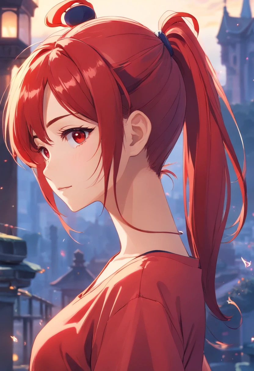 Red single ponytail,Fantasia ocidental,magia,CASTELO fantasia,roupas pretas e amarelas,Pernas bonitas,Ultra foto realsisim, castelo,adornos de cabelo