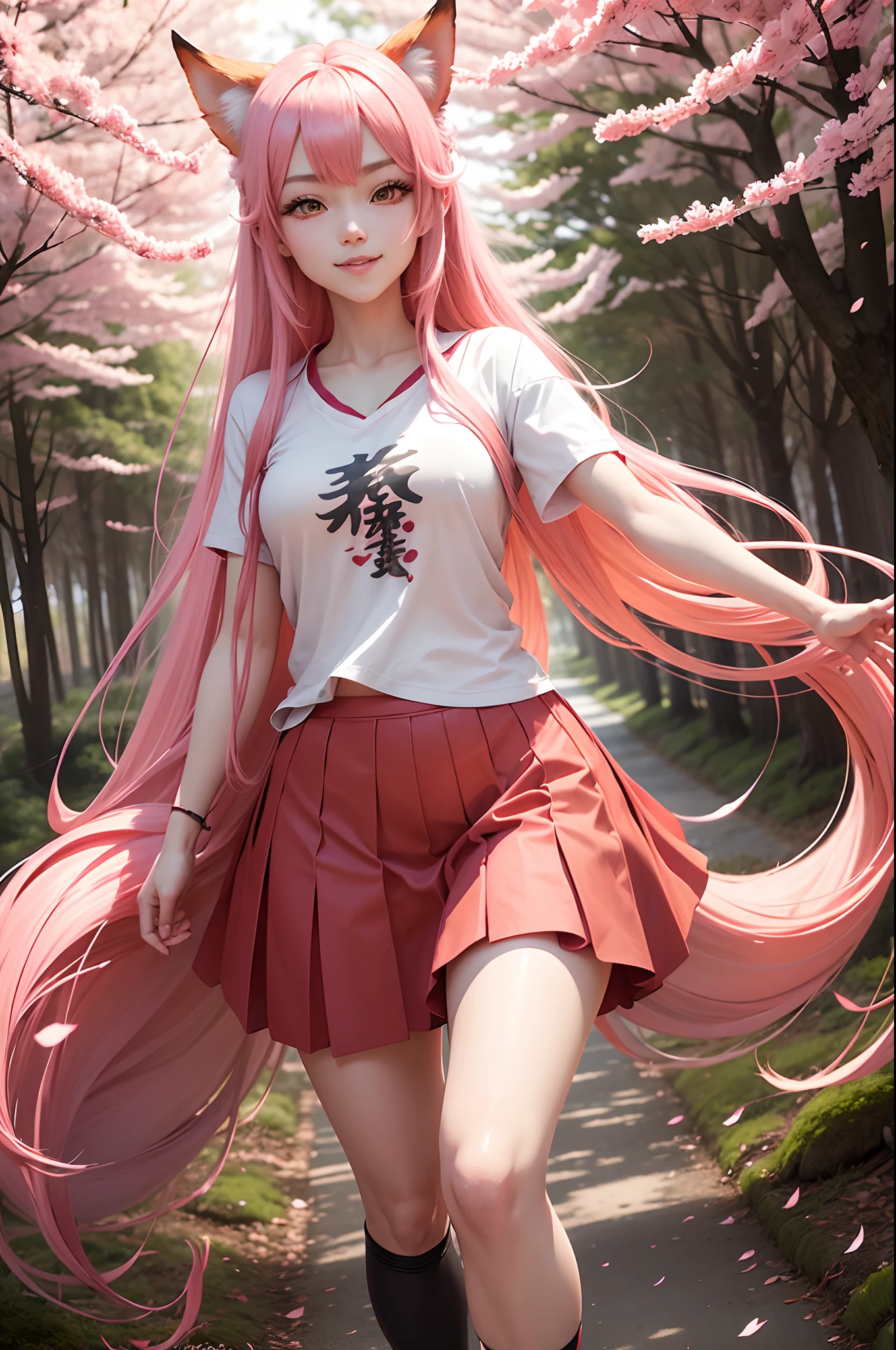 kitsune anime girl,long,pink hair,body,a long red skirt,white tshirt,short sleeves,vibrant colors,expressive eyes,detailed facial features,playful expression,beautiful smile,flowing movement,in a forest surrounded by cherry blossom trees,fantasy landscape,soft lighting,anime inspired artwork,fairy tale-like atmosphere