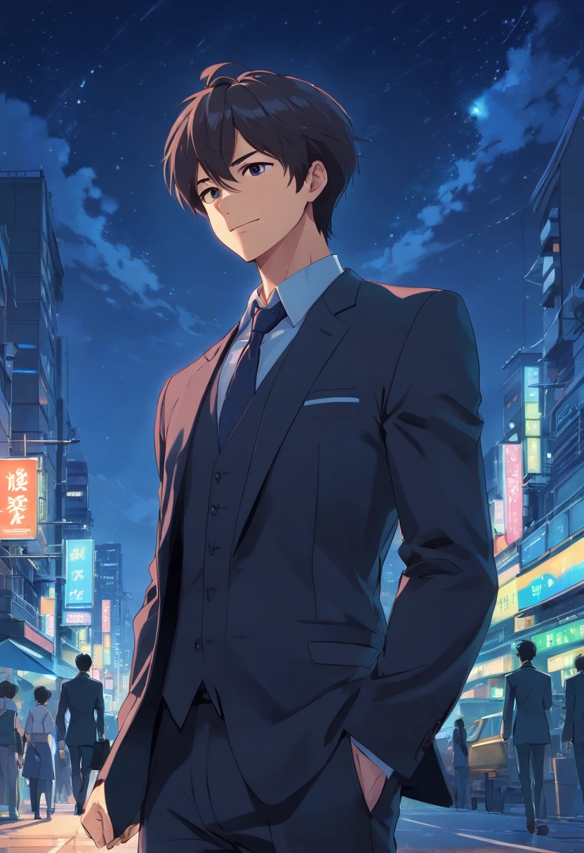 (Front view:1.4),beard,Groomed beard,45 yers old,Dandy Man,Composition of the upper body,Makoto Shinkai's painting style,japanes,(A smile:1.3),Ridicule,A tall man,a beard, Delicate facial features like an actor,(short-haired:1.4),True black hair, (black suits:1.5)、Dark blue tie,Intense muscles, eyes are brown, Night sky background