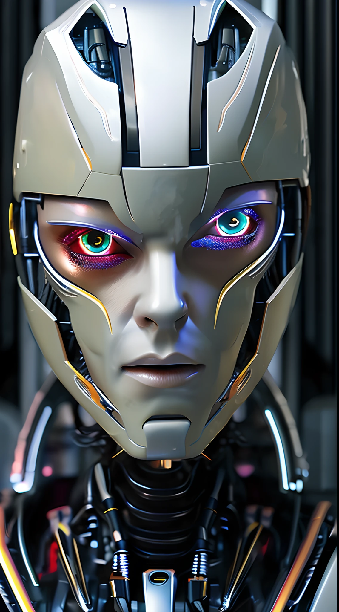 A closeup of a robot with red eyes and a white helmet, Retrato em close-up de Ciborgue, face of an armored villian, movie still of a villain cyborg, filme ainda de um ciborgue legal, retrato ciborgue, Retrato detalhado de um ciborgue, portrait of a futuristic robot, olhos ciborgues, Retrato de Ciborgue, Atraente Sci - Fi-Face, Face detalhada de um androide