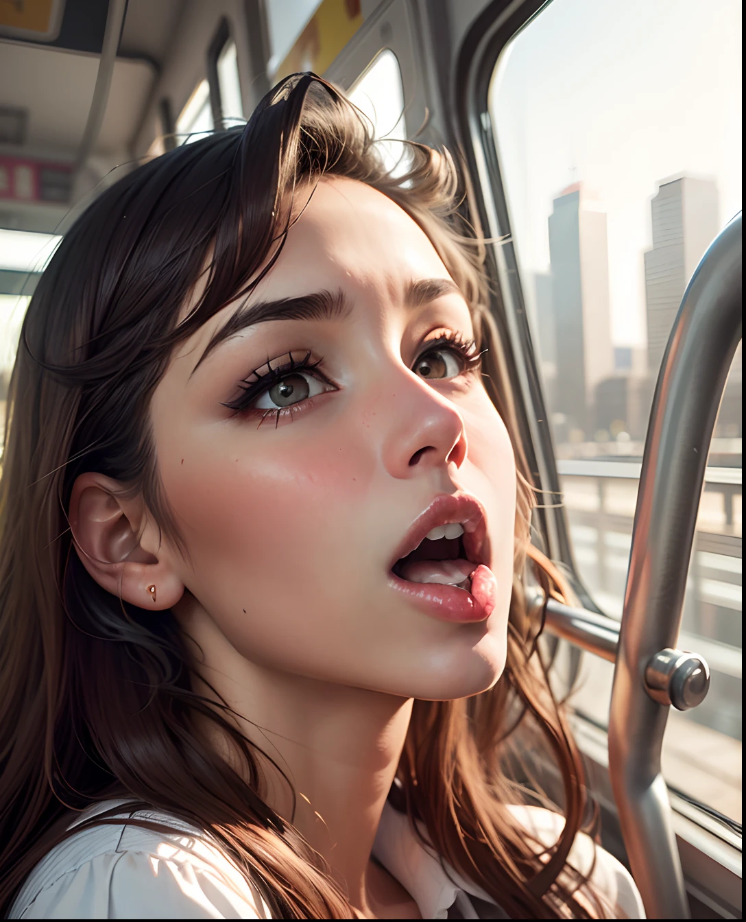a woman, sleeping with her mouth open, sleeping on the train, beautiful, hair tied up, eyelids made up, arms drooping, dressed in a sexy way